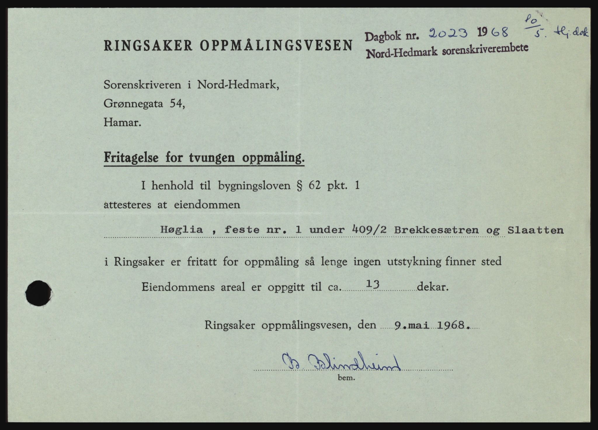Nord-Hedmark sorenskriveri, SAH/TING-012/H/Hc/L0028: Mortgage book no. 28, 1968-1968, Diary no: : 2023/1968