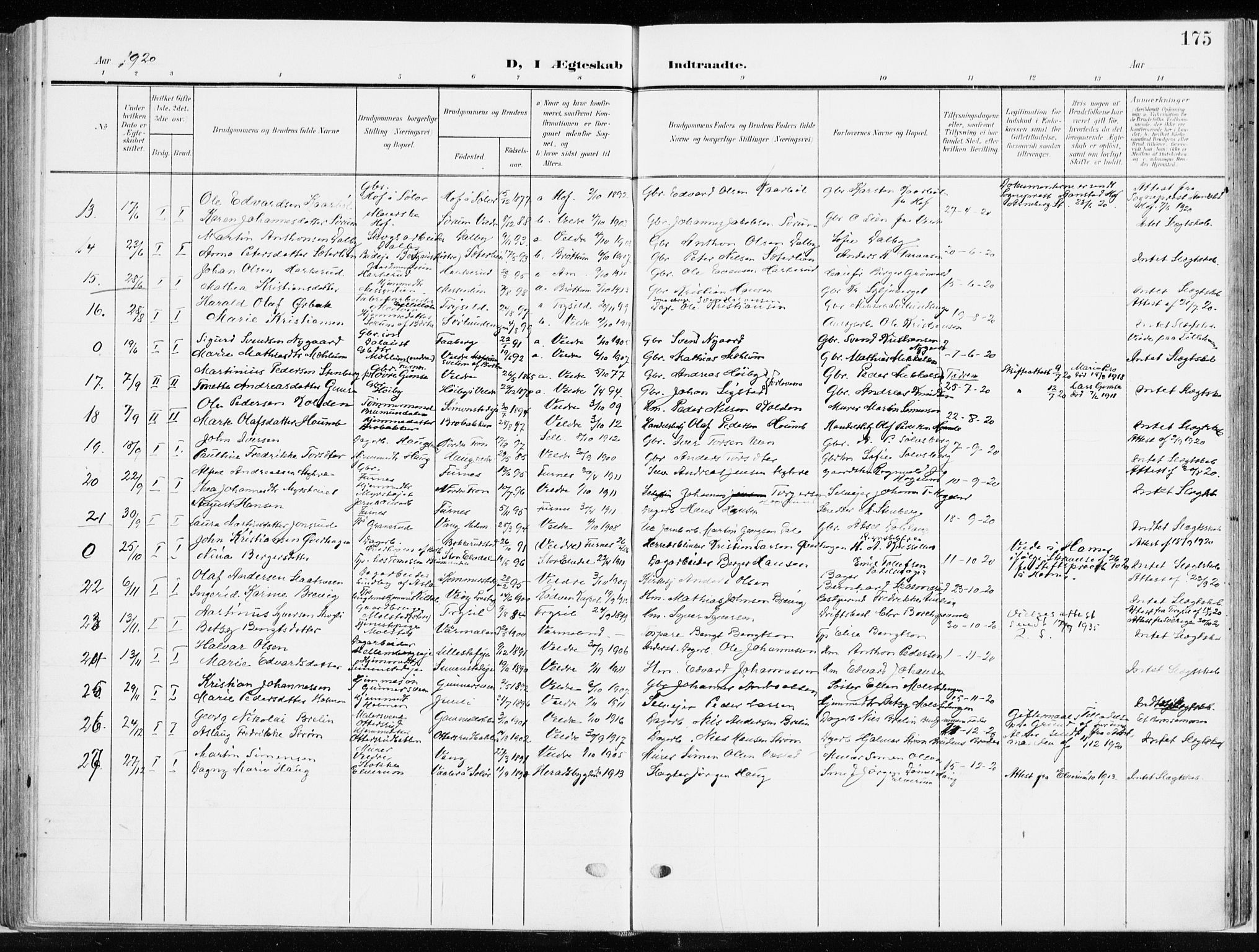 Ringsaker prestekontor, AV/SAH-PREST-014/K/Ka/L0019: Parish register (official) no. 19, 1905-1920, p. 175