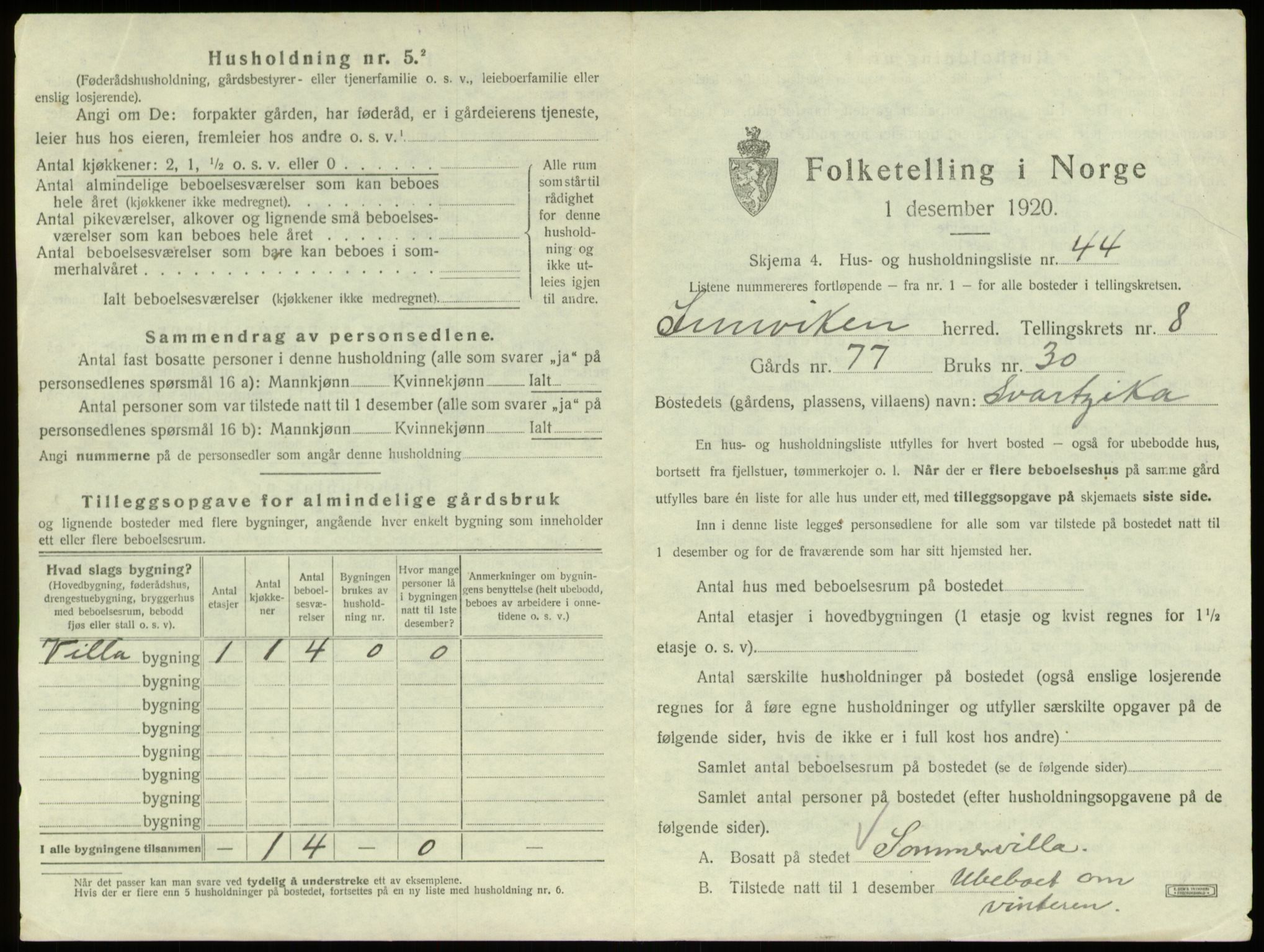 SAB, 1920 census for Innvik, 1920, p. 534