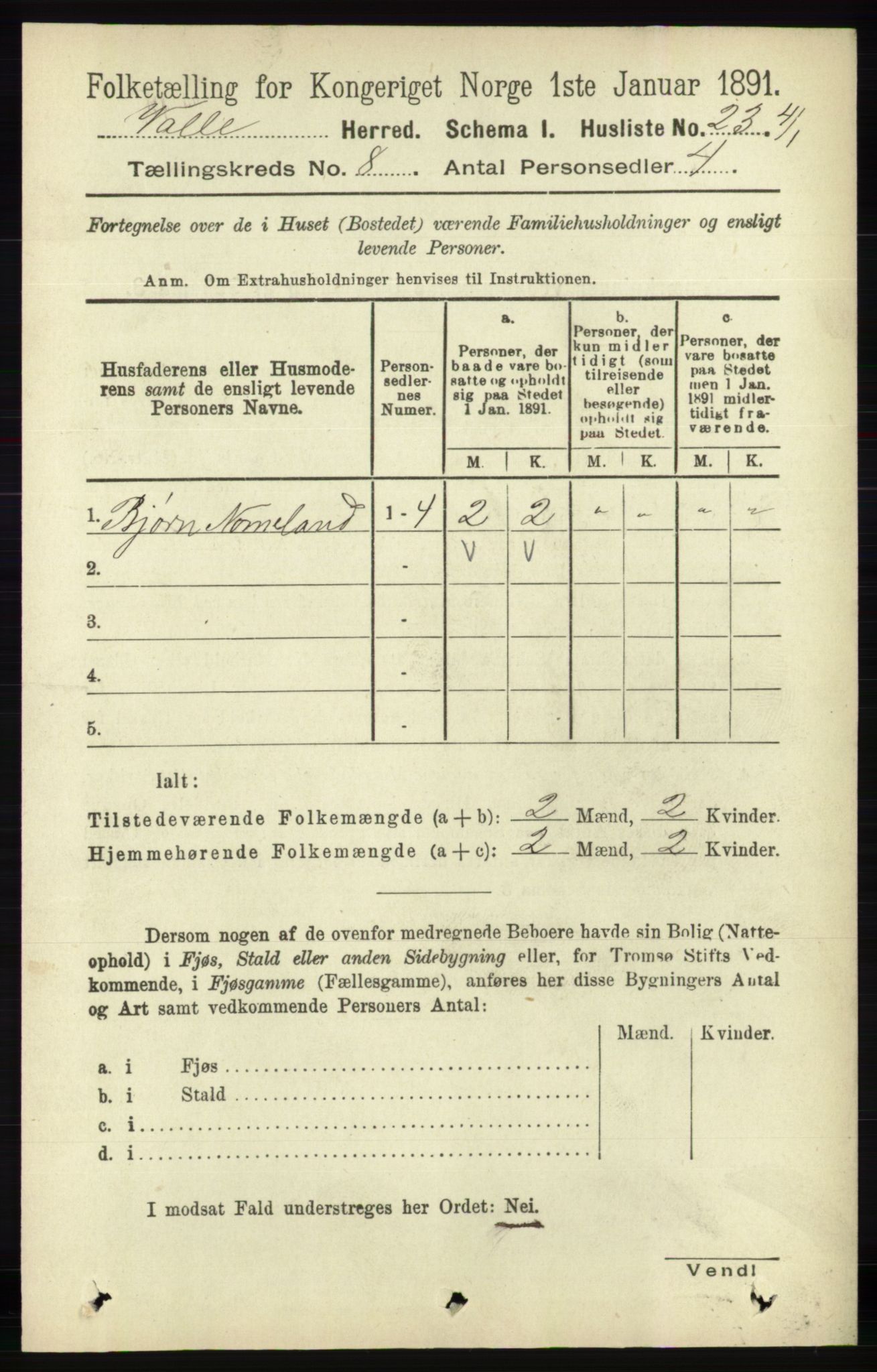 RA, 1891 census for 0940 Valle, 1891, p. 2234