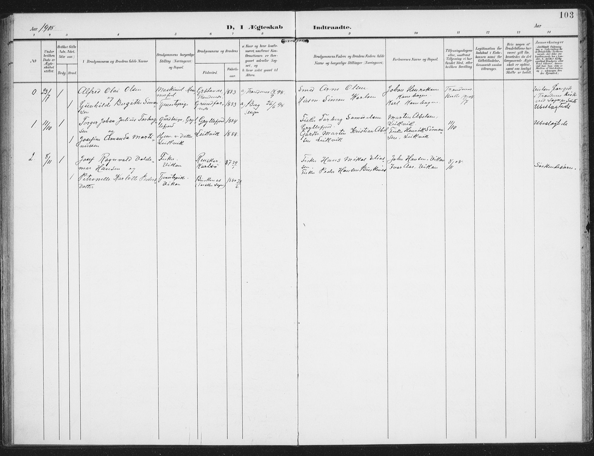 Berg sokneprestkontor, AV/SATØ-S-1318/G/Ga/Gaa/L0008kirke: Parish register (official) no. 8, 1904-1916, p. 103