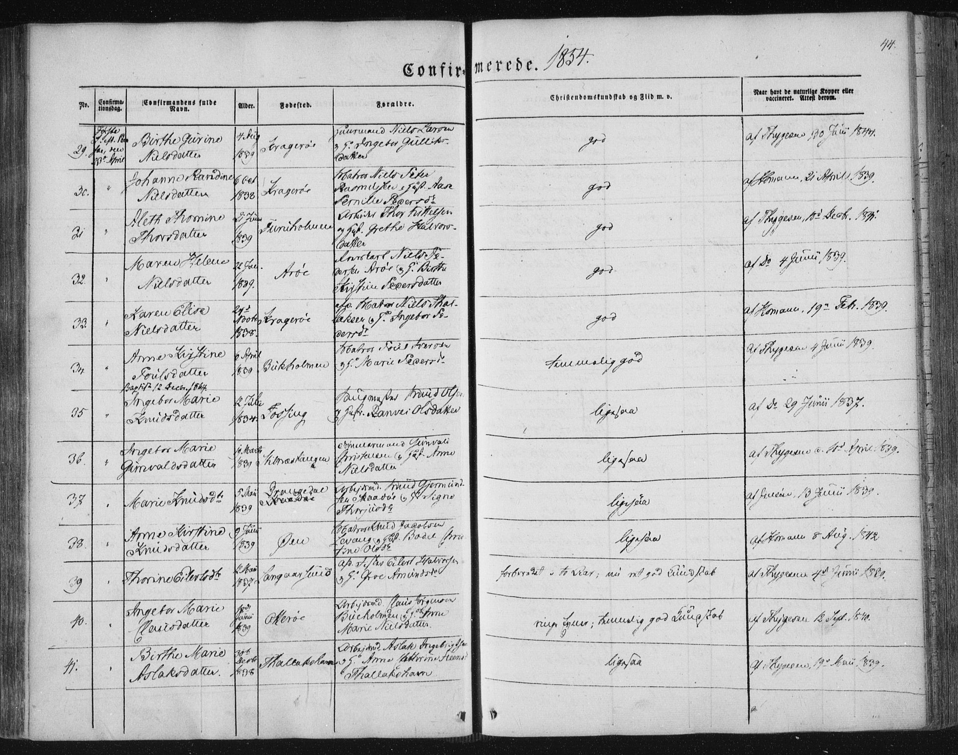 Kragerø kirkebøker, SAKO/A-278/F/Fa/L0006: Parish register (official) no. 6, 1847-1861, p. 44