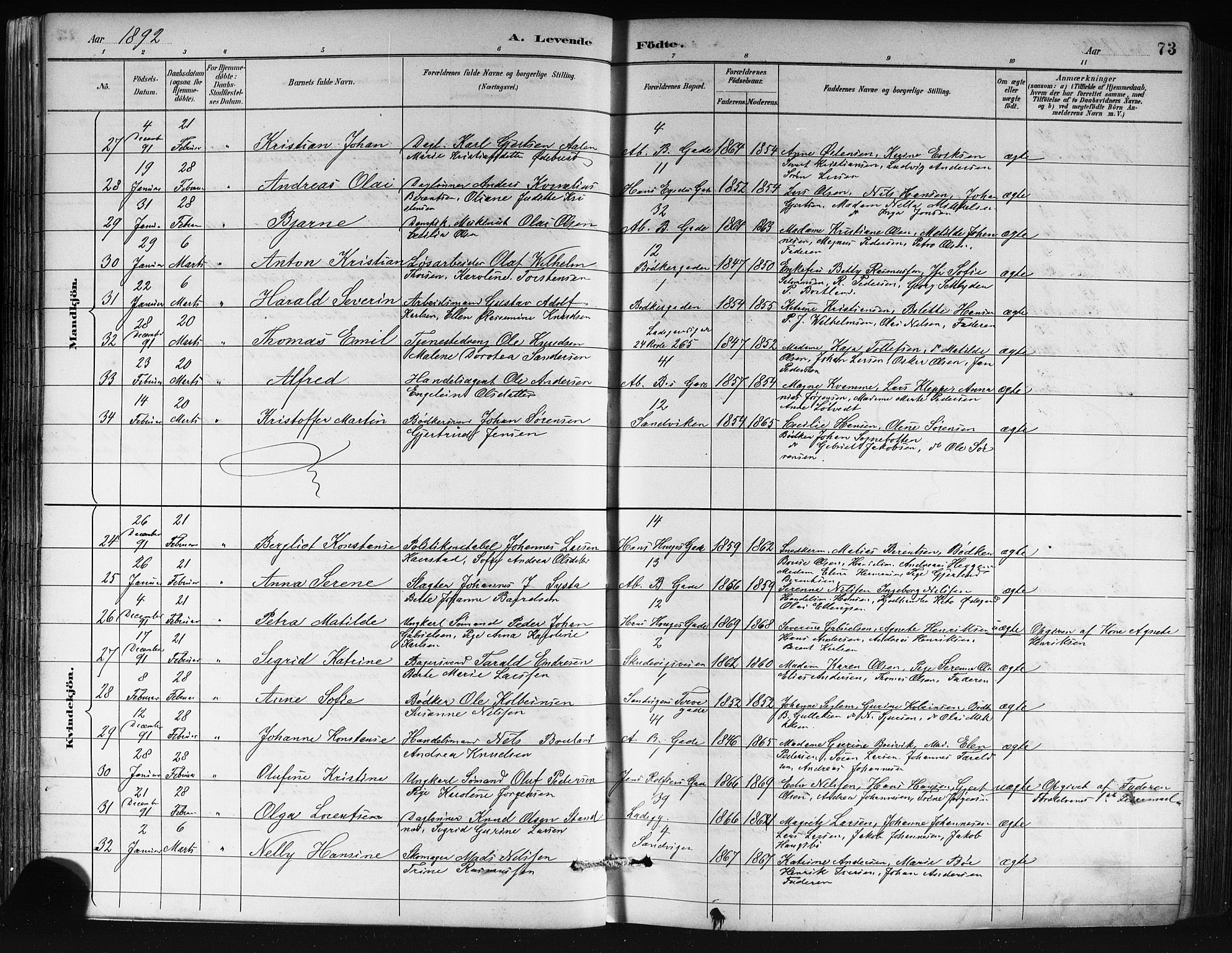 Sandviken Sokneprestembete, AV/SAB-A-77601/H/Hb/L0002: Parish register (copy) no. A 3, 1888-1902, p. 73