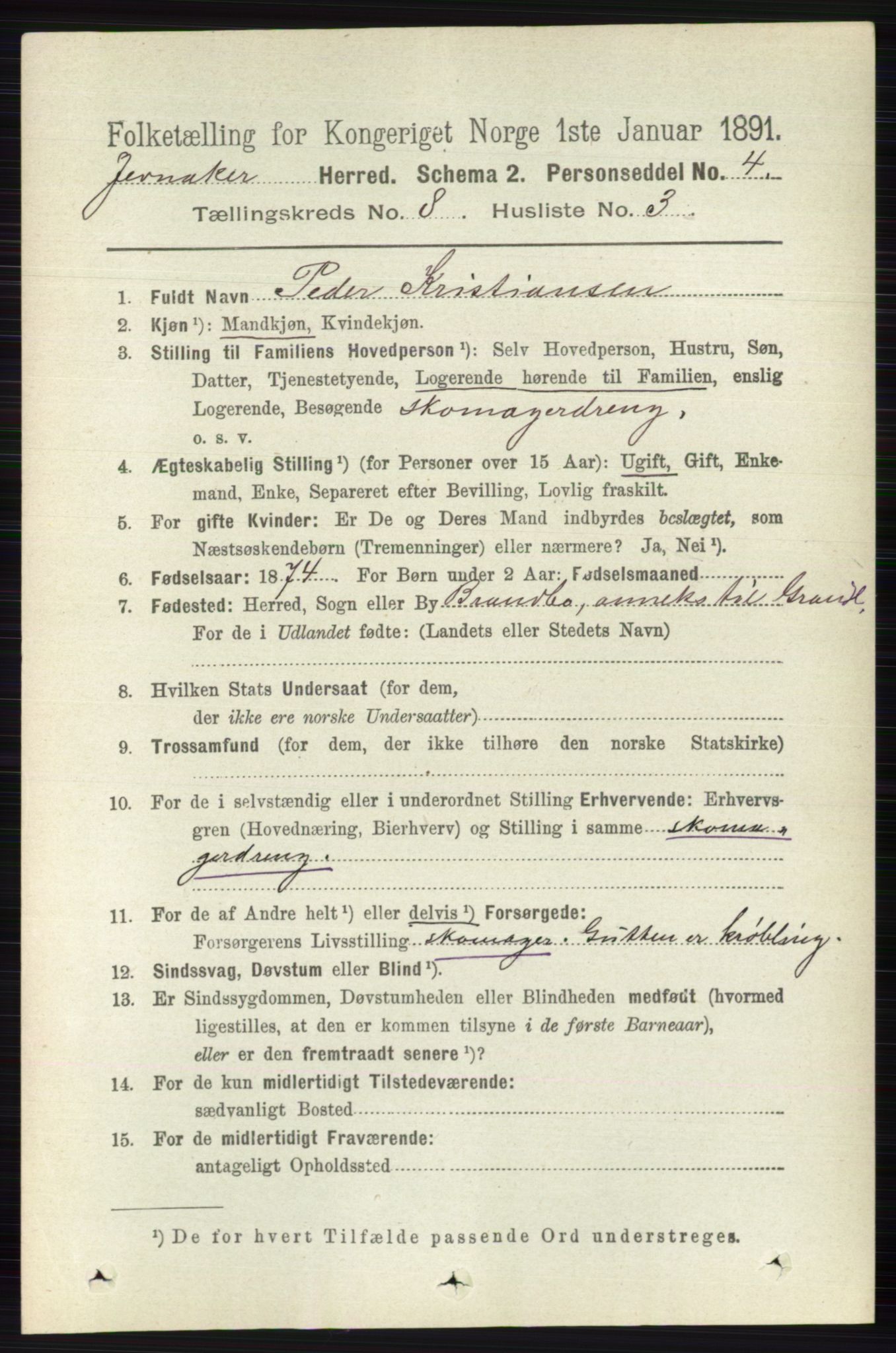 RA, 1891 census for 0532 Jevnaker, 1891, p. 4352