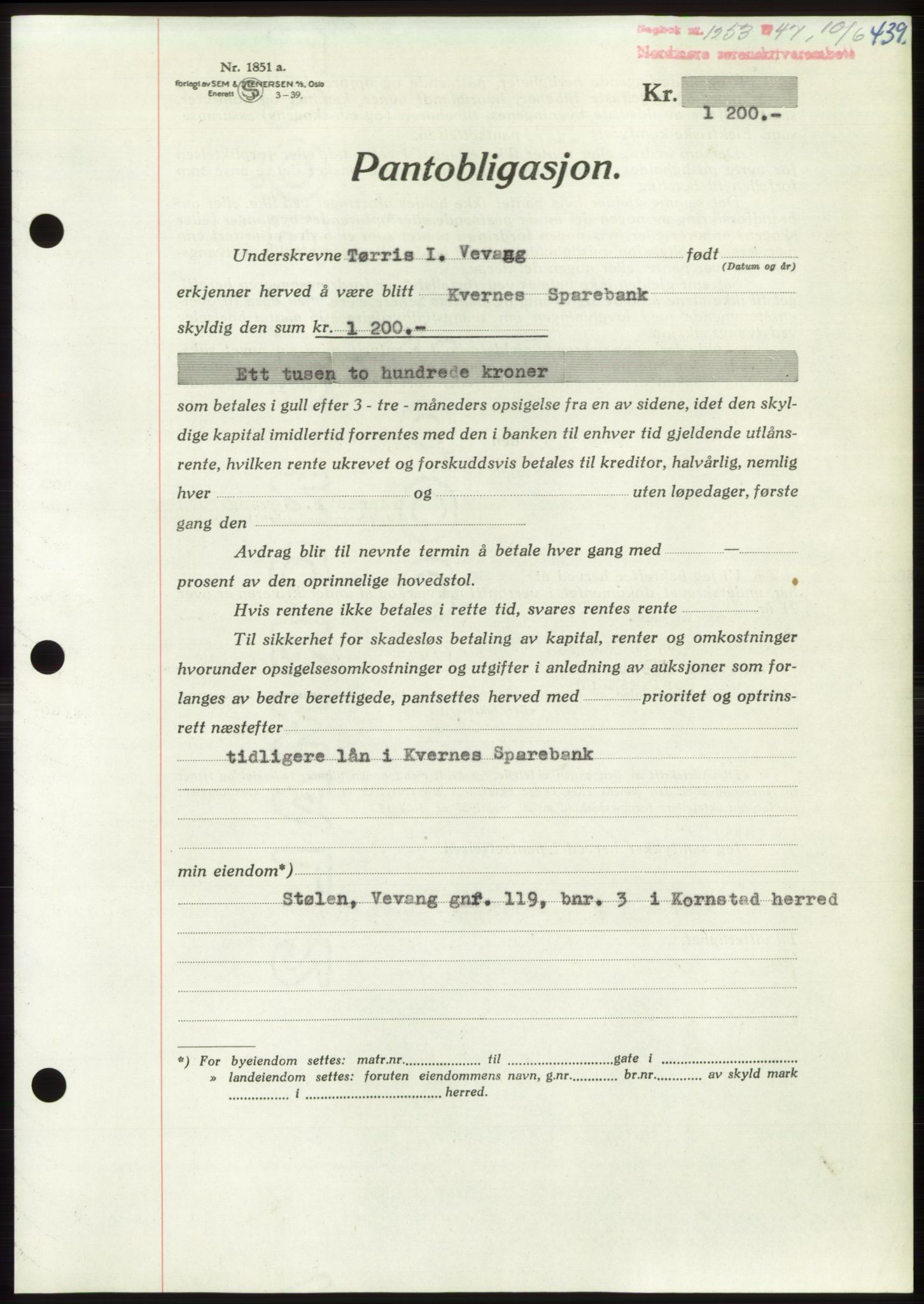 Nordmøre sorenskriveri, AV/SAT-A-4132/1/2/2Ca: Mortgage book no. B96, 1947-1947, Diary no: : 1253/1947