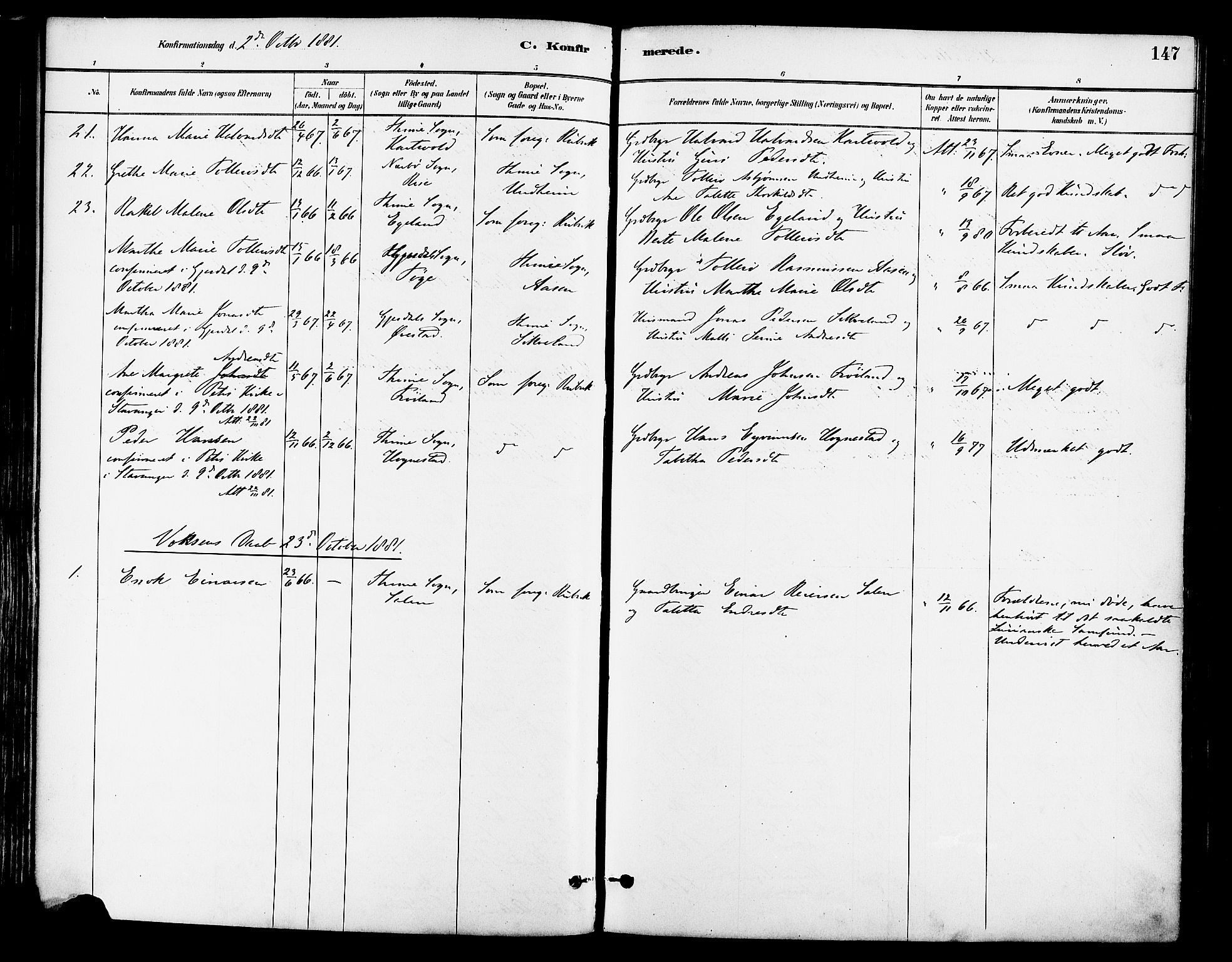 Lye sokneprestkontor, SAST/A-101794/001/30BA/L0009: Parish register (official) no. A 8, 1881-1892, p. 147