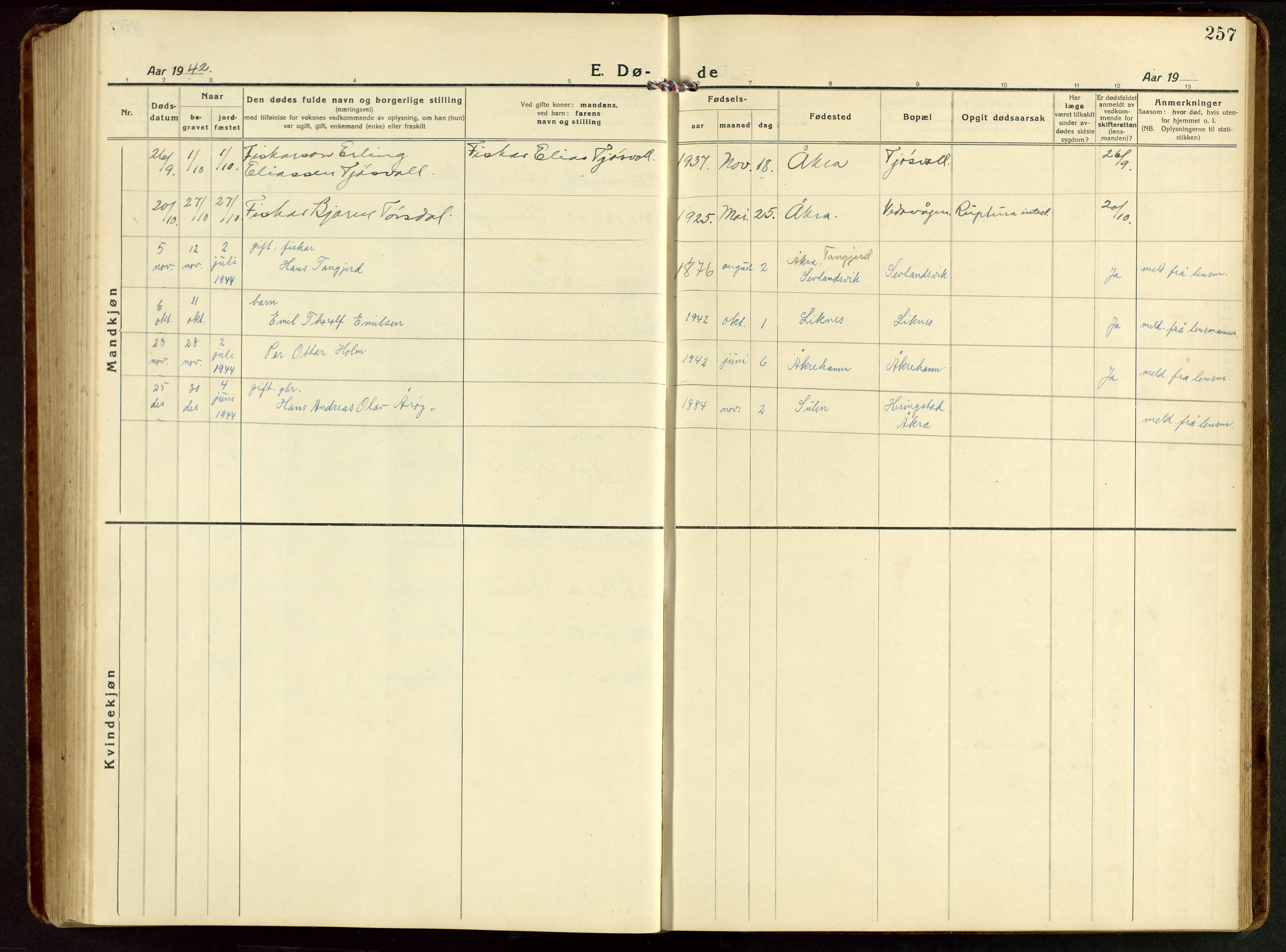 Kopervik sokneprestkontor, SAST/A-101850/H/Ha/Hab/L0014: Parish register (copy) no. B 14, 1922-1947, p. 257