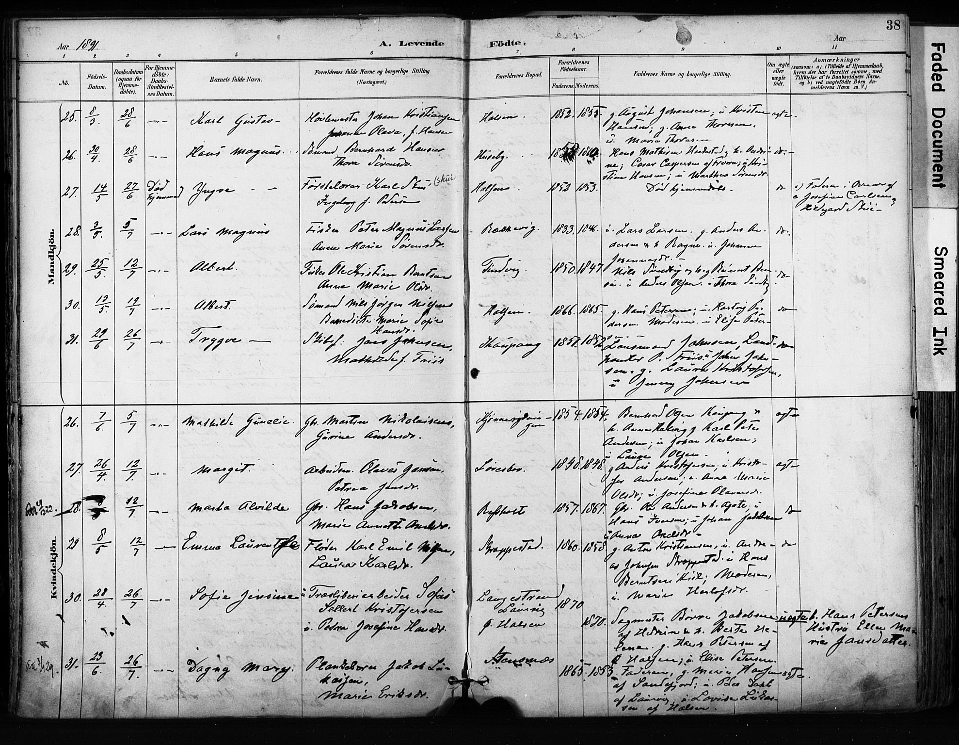 Tjølling kirkebøker, AV/SAKO-A-60/F/Fa/L0009: Parish register (official) no. 9, 1887-1905, p. 38