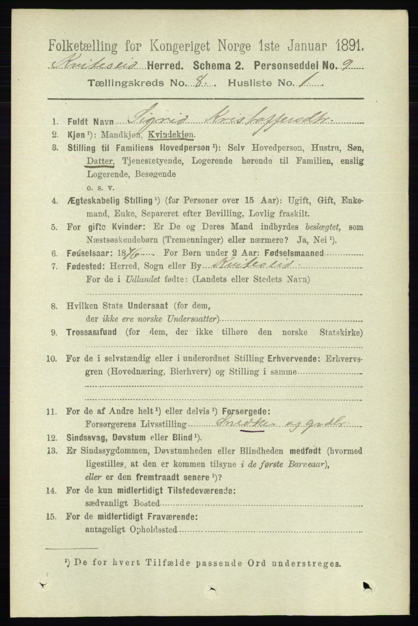 RA, 1891 census for 0829 Kviteseid, 1891, p. 1612