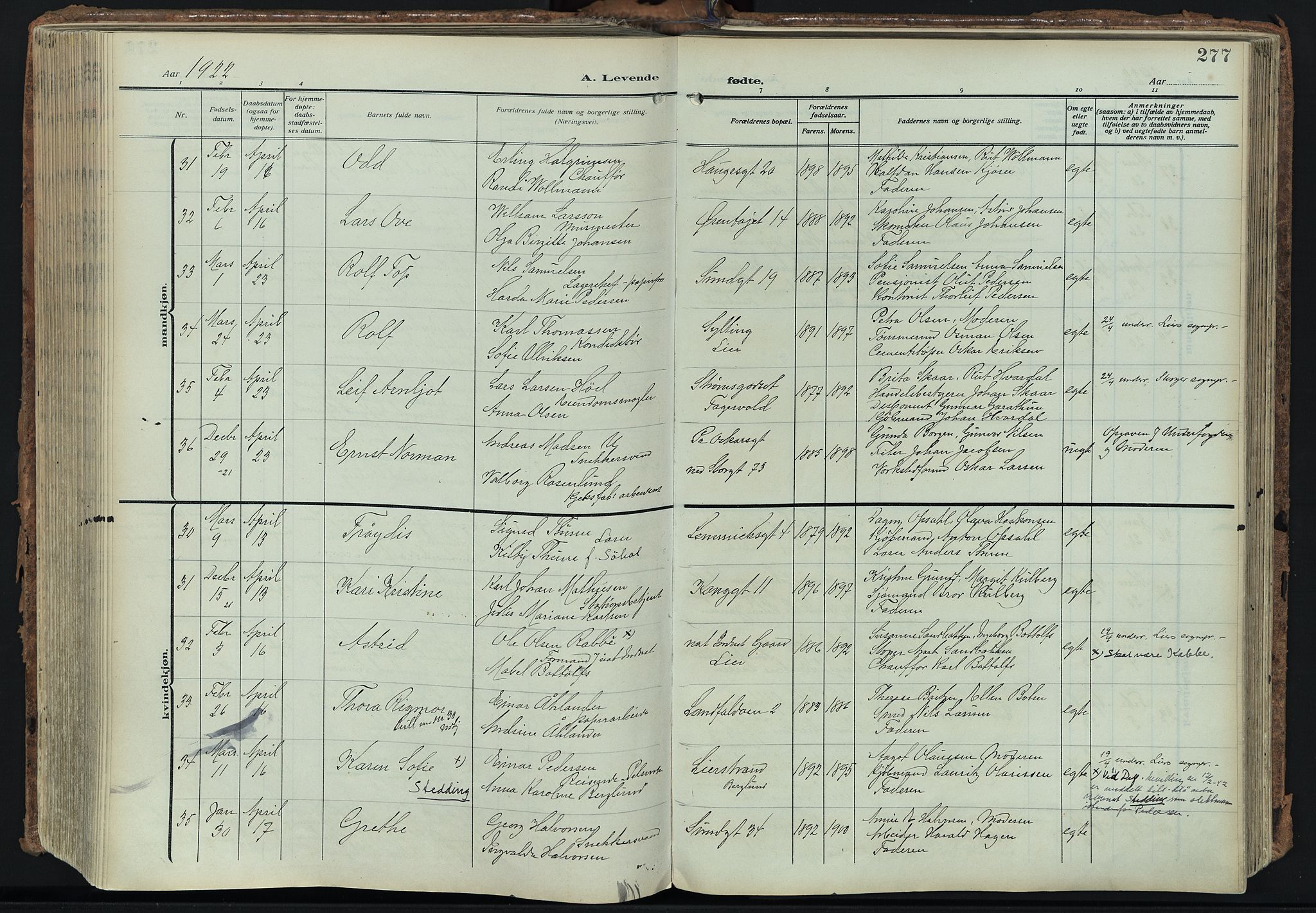 Bragernes kirkebøker, AV/SAKO-A-6/F/Fb/L0010: Parish register (official) no. II 10, 1911-1922, p. 277