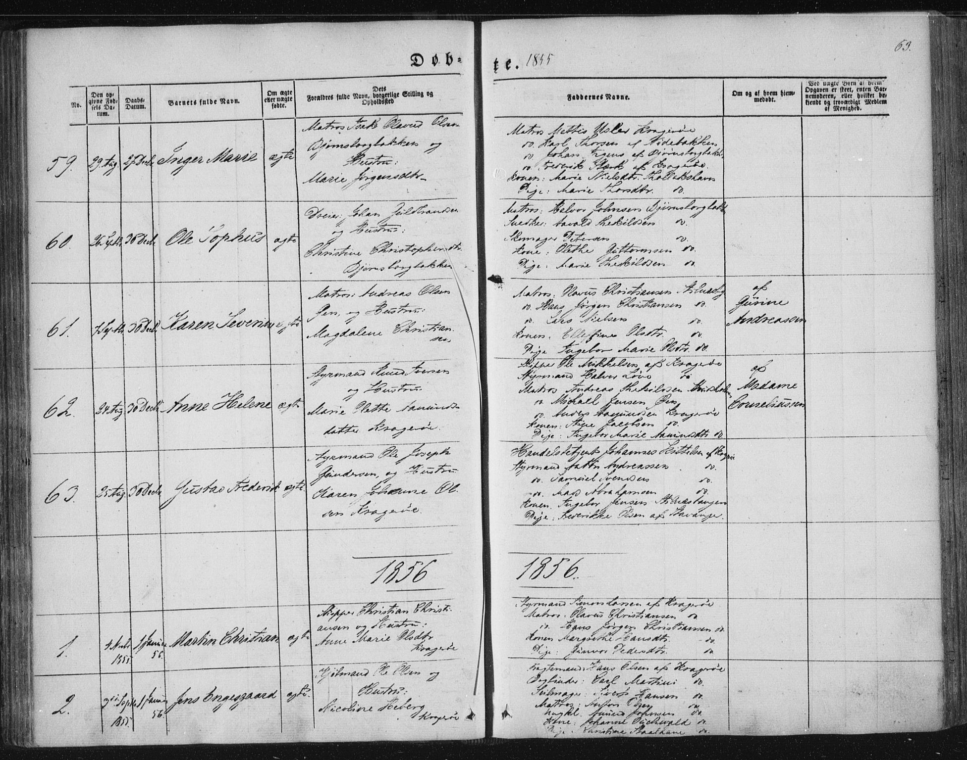 Kragerø kirkebøker, SAKO/A-278/F/Fa/L0006: Parish register (official) no. 6, 1847-1861, p. 63