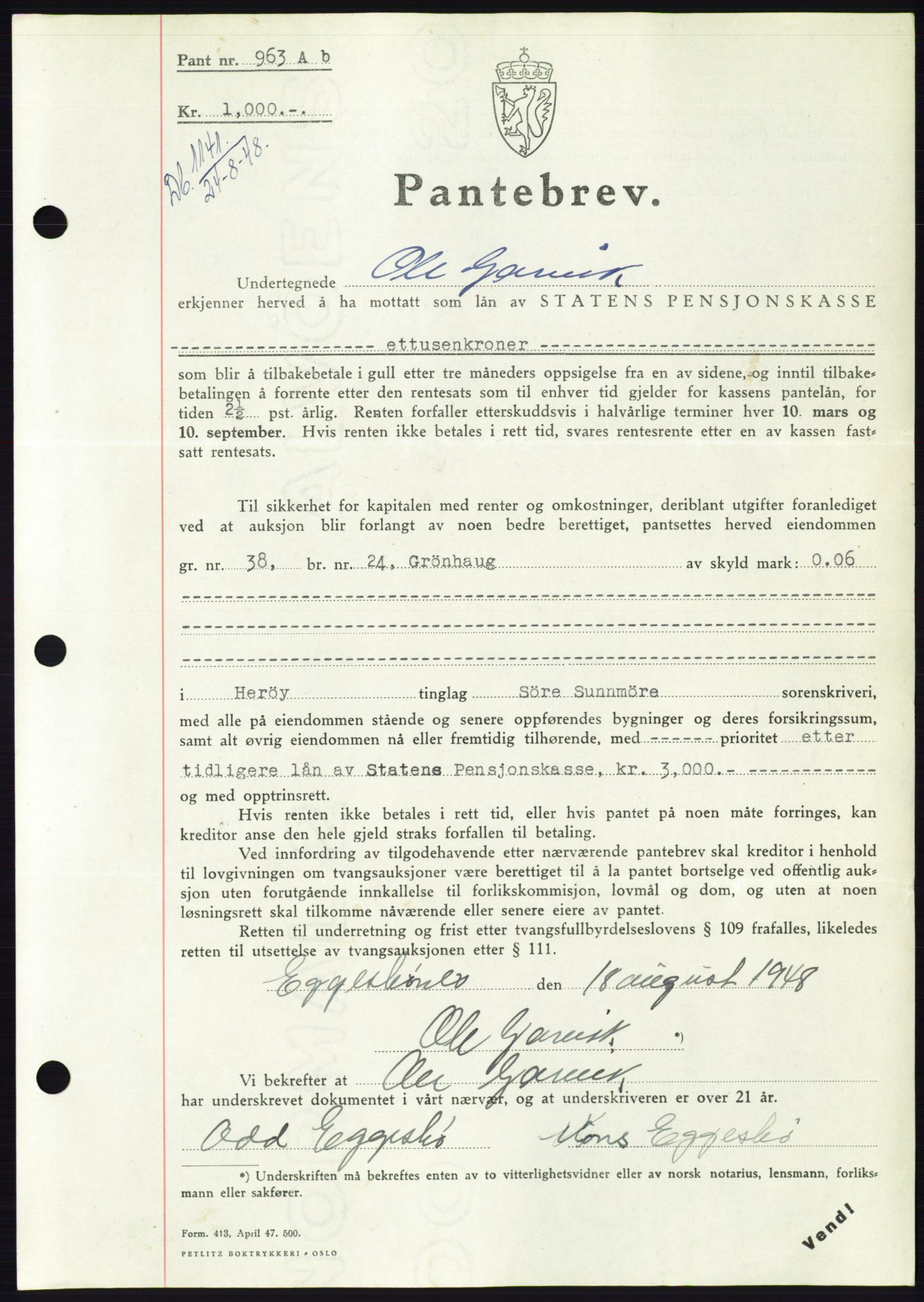 Søre Sunnmøre sorenskriveri, AV/SAT-A-4122/1/2/2C/L0116: Mortgage book no. 4B, 1948-1949, Diary no: : 1141/1948