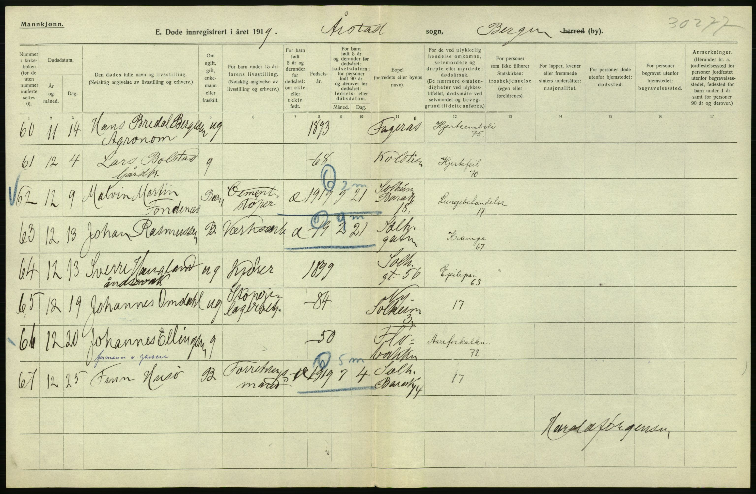 Statistisk sentralbyrå, Sosiodemografiske emner, Befolkning, RA/S-2228/D/Df/Dfb/Dfbi/L0035: Bergen: Gifte, døde, dødfødte., 1919, p. 472