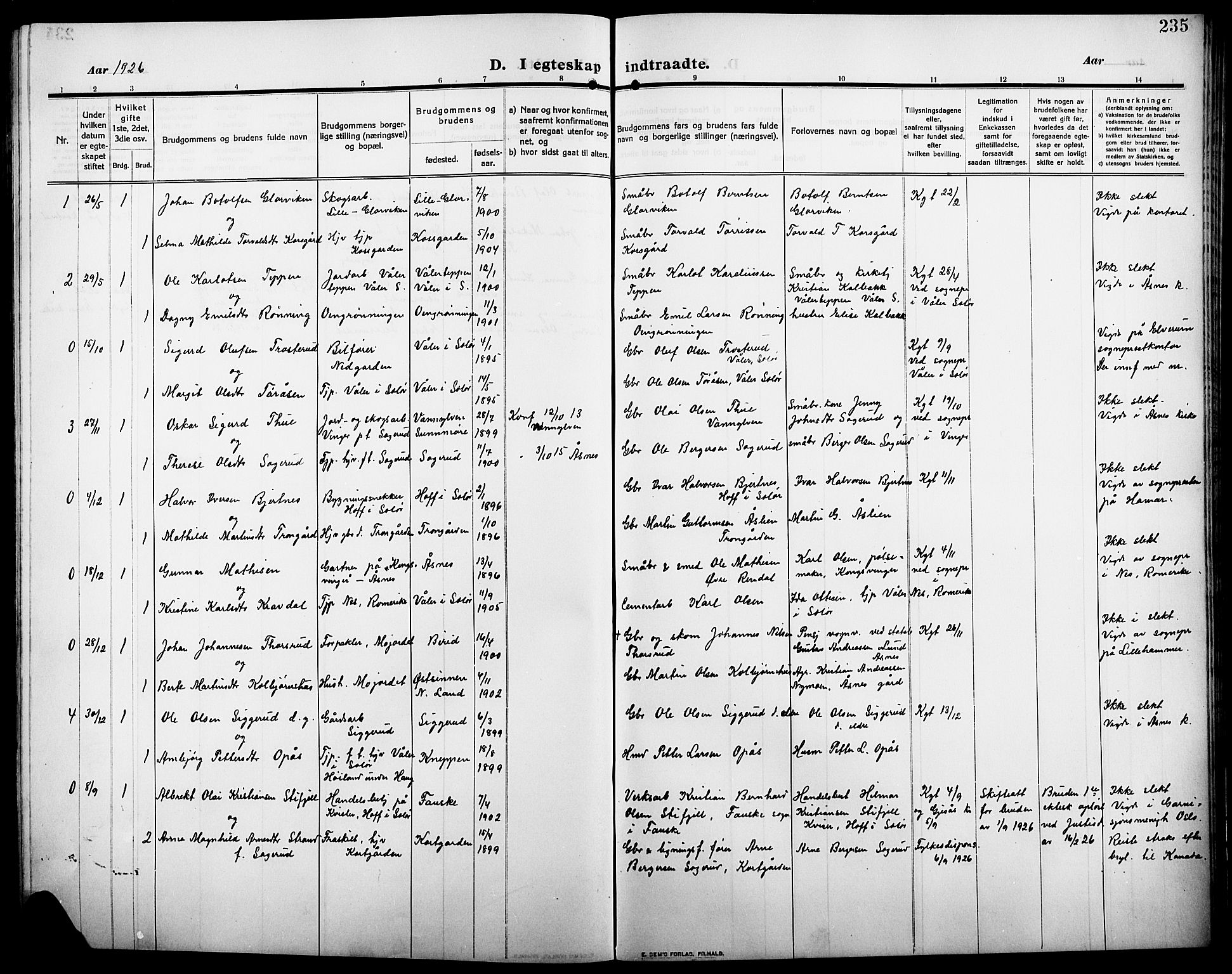 Åsnes prestekontor, AV/SAH-PREST-042/H/Ha/Hab/L0007: Parish register (copy) no. 7, 1909-1926, p. 235