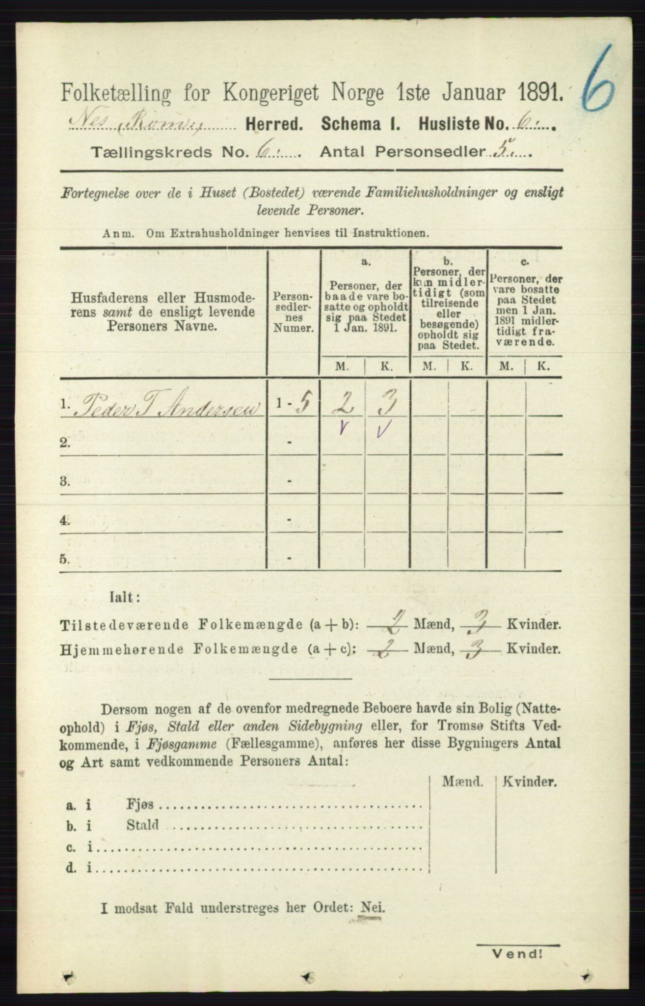 RA, 1891 census for 0236 Nes, 1891, p. 3306