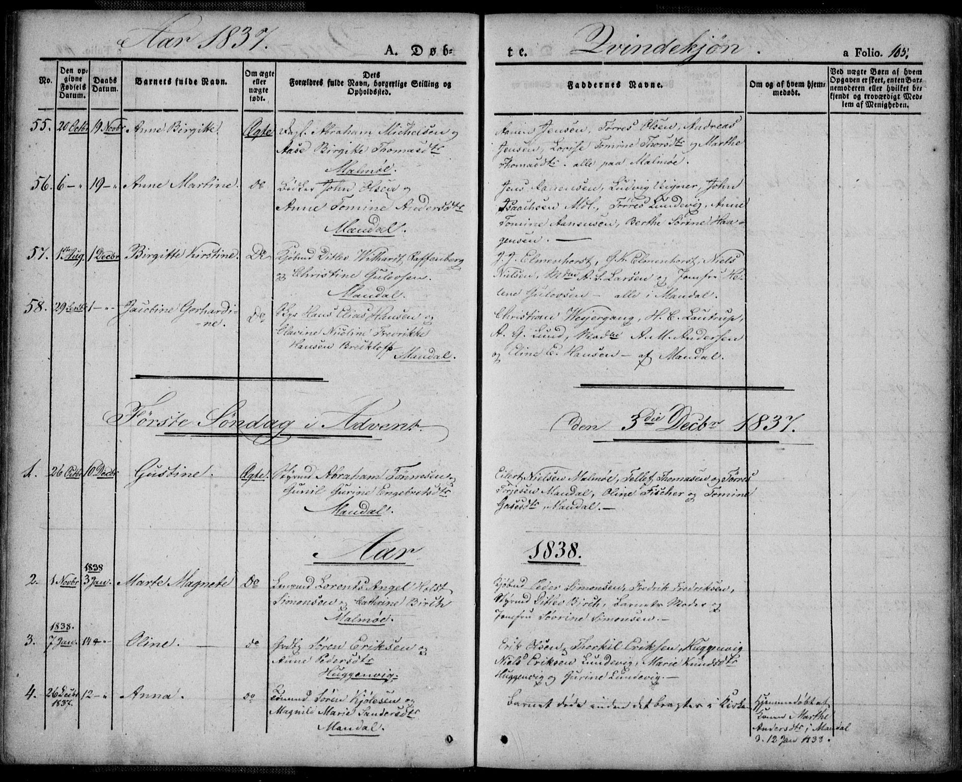 Mandal sokneprestkontor, SAK/1111-0030/F/Fa/Faa/L0011: Parish register (official) no. A 11, 1830-1839, p. 105