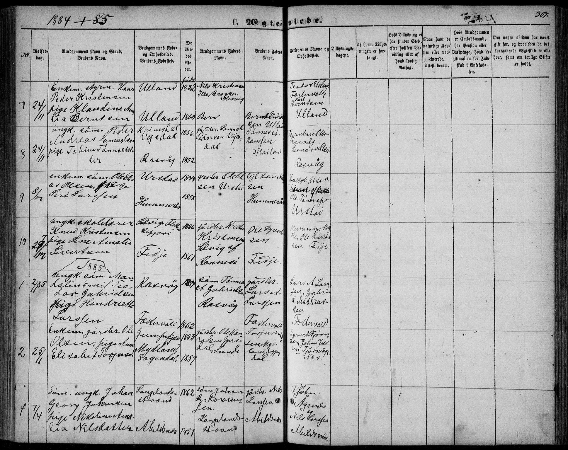 Flekkefjord sokneprestkontor, AV/SAK-1111-0012/F/Fb/Fbb/L0003: Parish register (copy) no. B 3, 1867-1889, p. 307