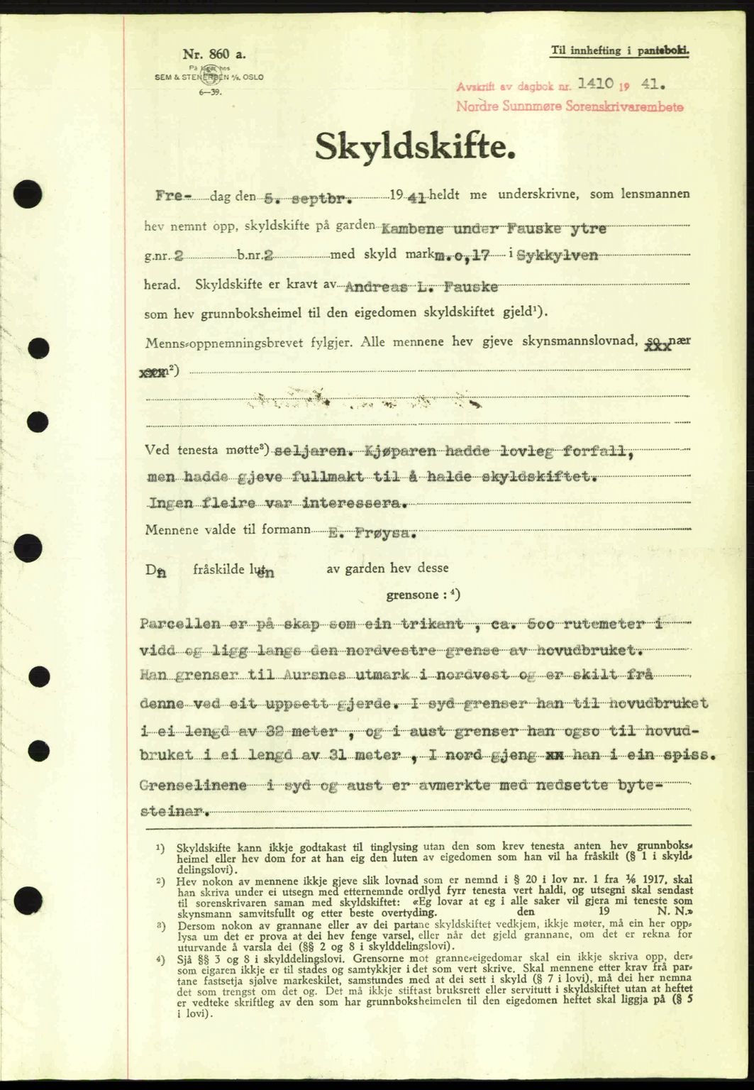 Nordre Sunnmøre sorenskriveri, AV/SAT-A-0006/1/2/2C/2Ca: Mortgage book no. A11, 1941-1941, Diary no: : 1410/1941