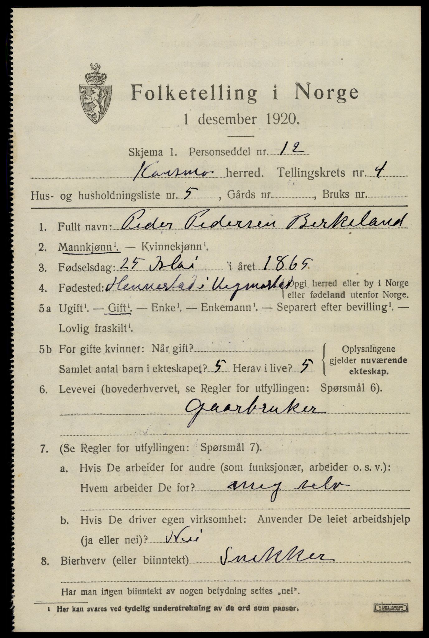 SAK, 1920 census for Konsmo, 1920, p. 1256