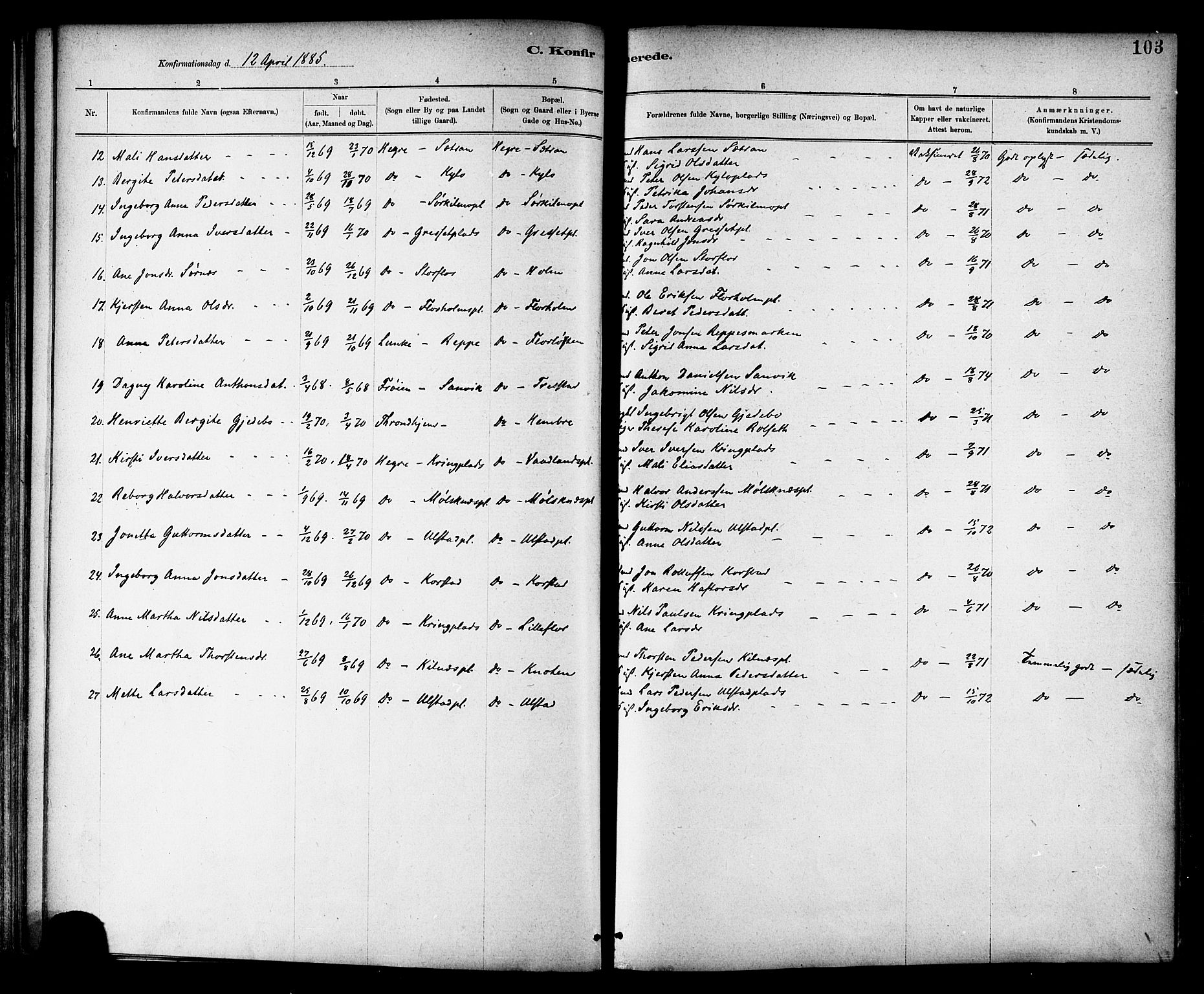 Ministerialprotokoller, klokkerbøker og fødselsregistre - Nord-Trøndelag, SAT/A-1458/703/L0030: Parish register (official) no. 703A03, 1880-1892, p. 103