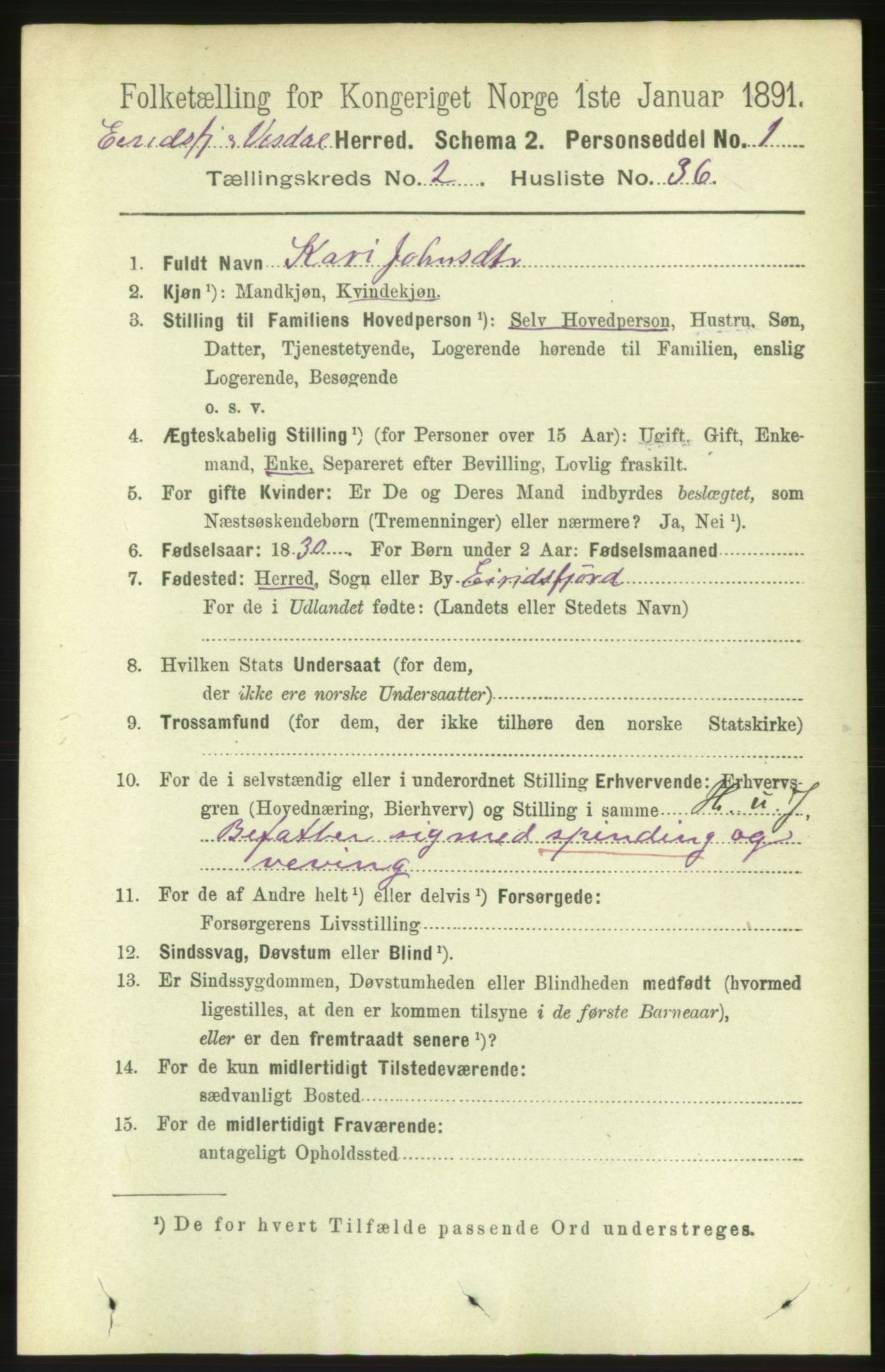 RA, 1891 census for 1542 Eresfjord og Vistdal, 1891, p. 523