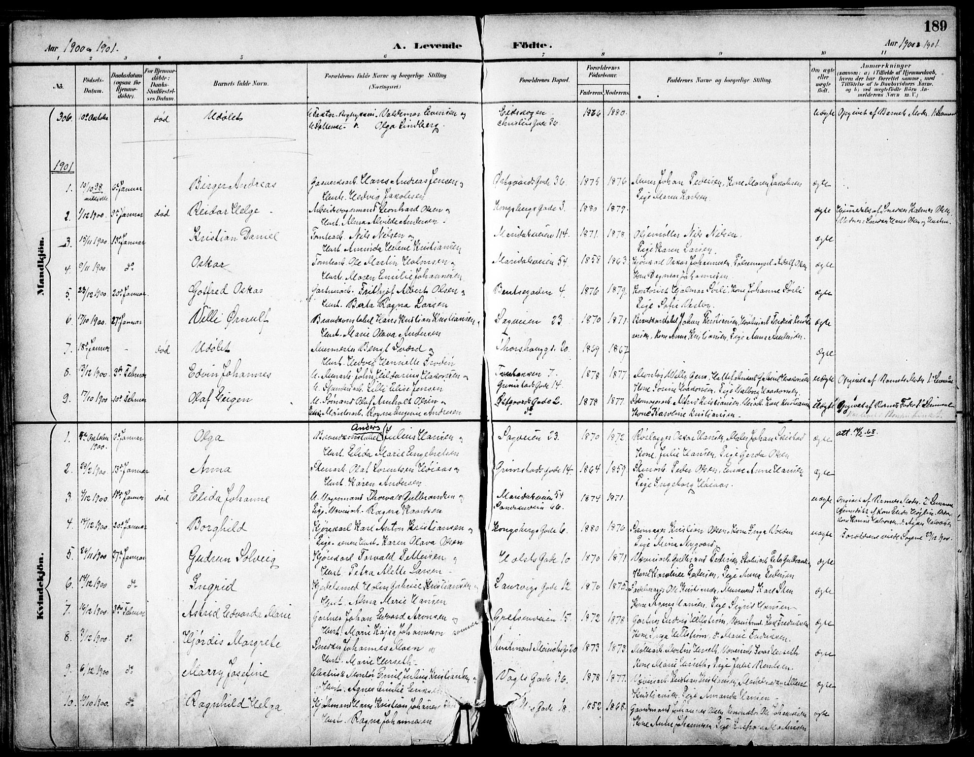 Sagene prestekontor Kirkebøker, SAO/A-10796/F/L0004: Parish register (official) no. 4, 1894-1904, p. 189