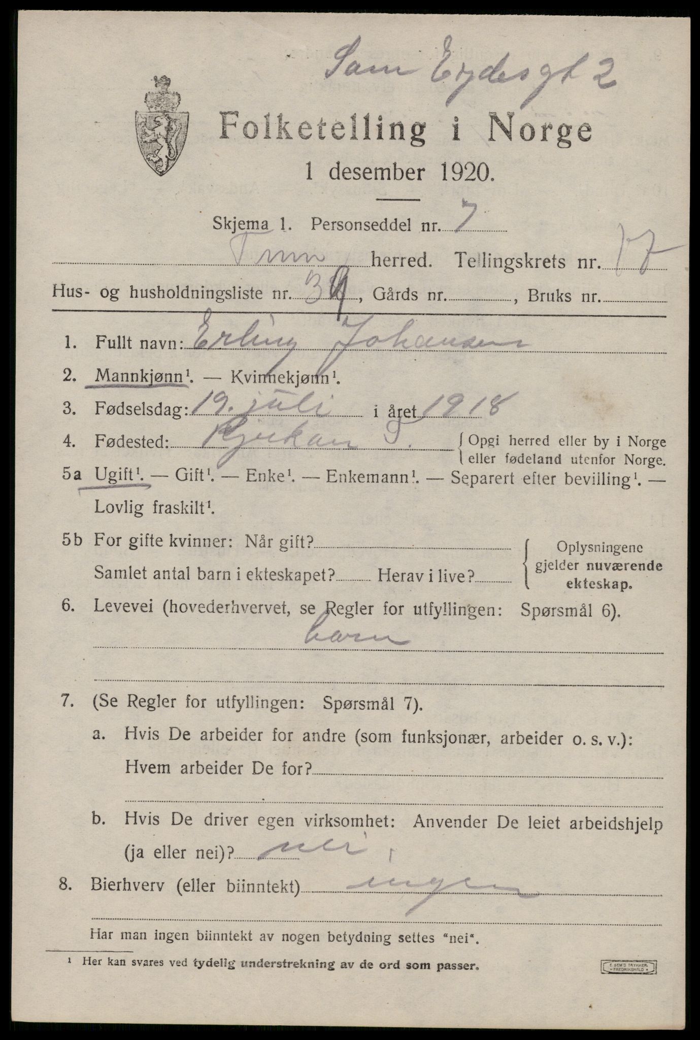 SAKO, 1920 census for Tinn, 1920, p. 19482