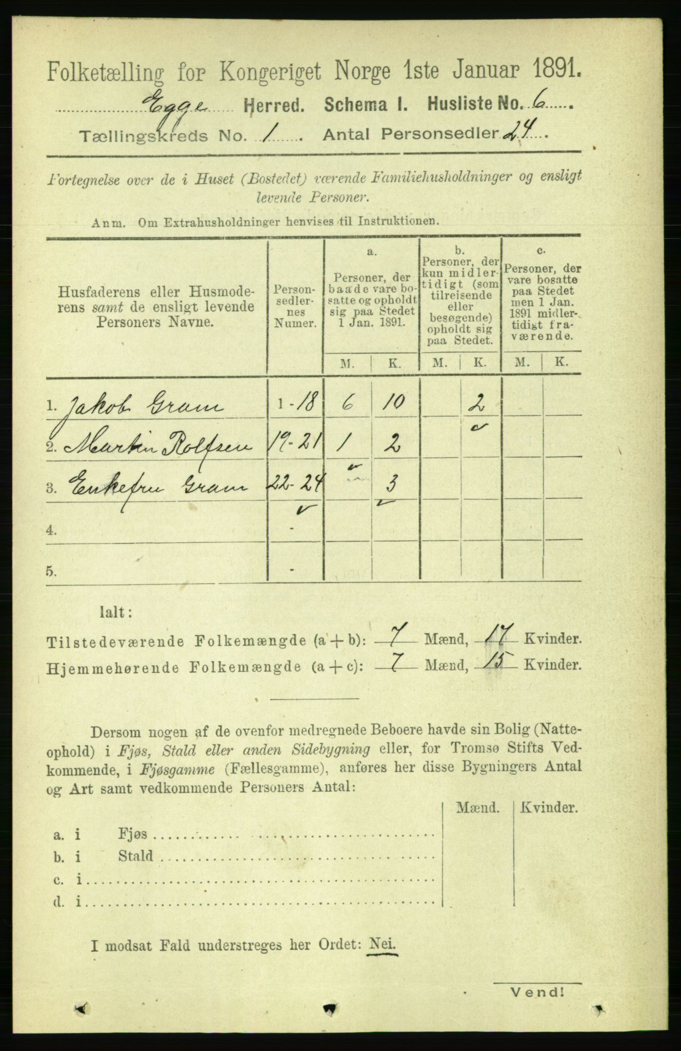 RA, 1891 census for 1733 Egge, 1891, p. 20