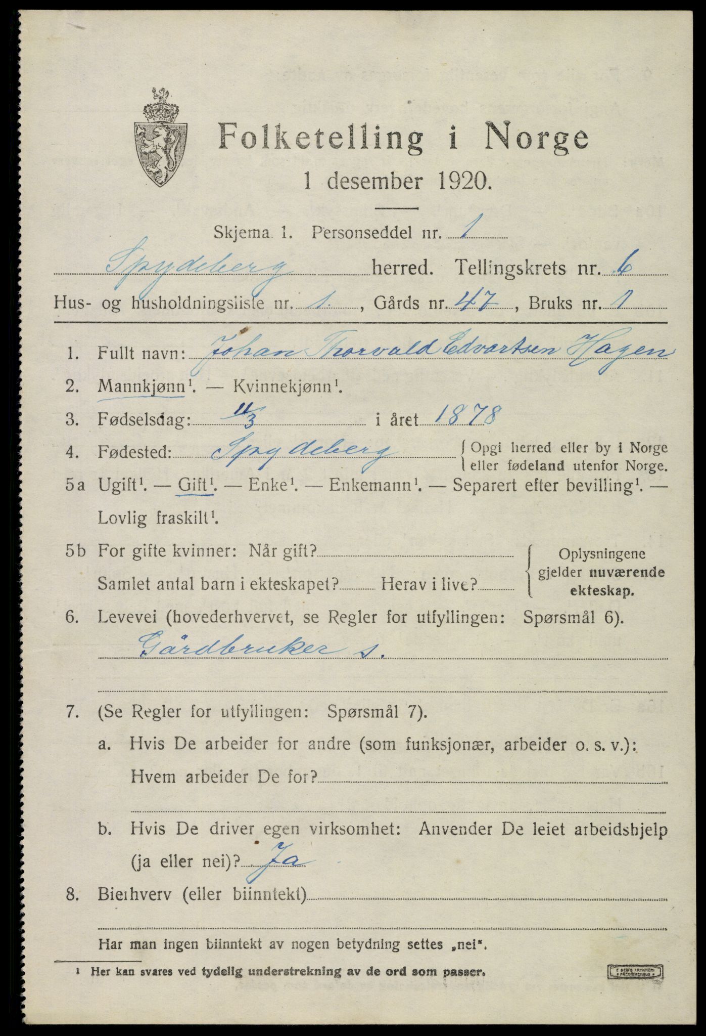 SAO, 1920 census for Spydeberg, 1920, p. 6985