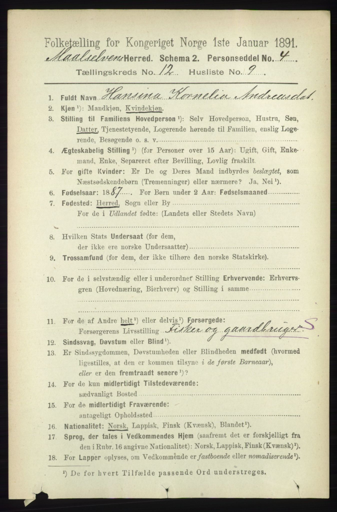 RA, 1891 census for 1924 Målselv, 1891, p. 3845