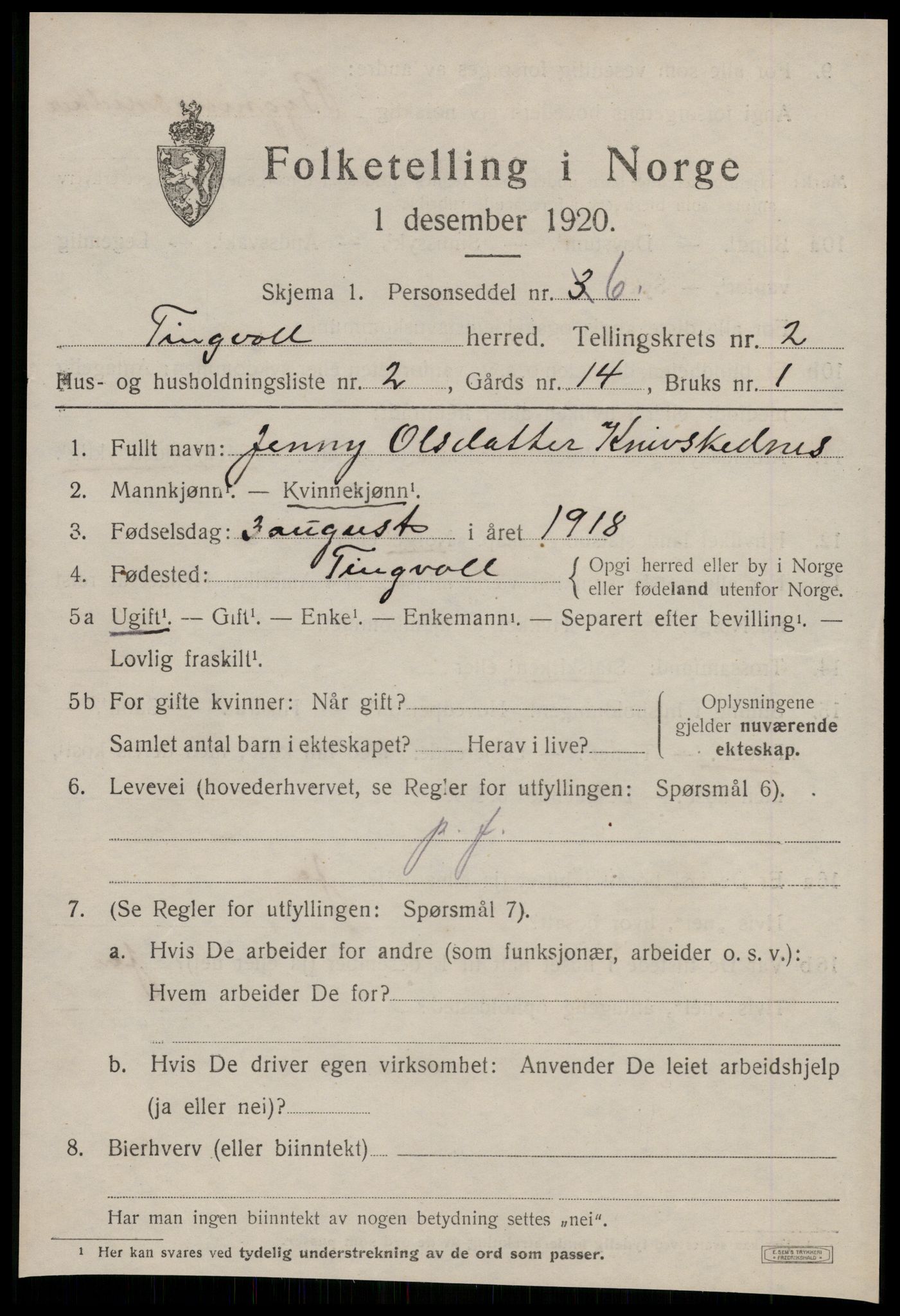 SAT, 1920 census for Tingvoll, 1920, p. 1172