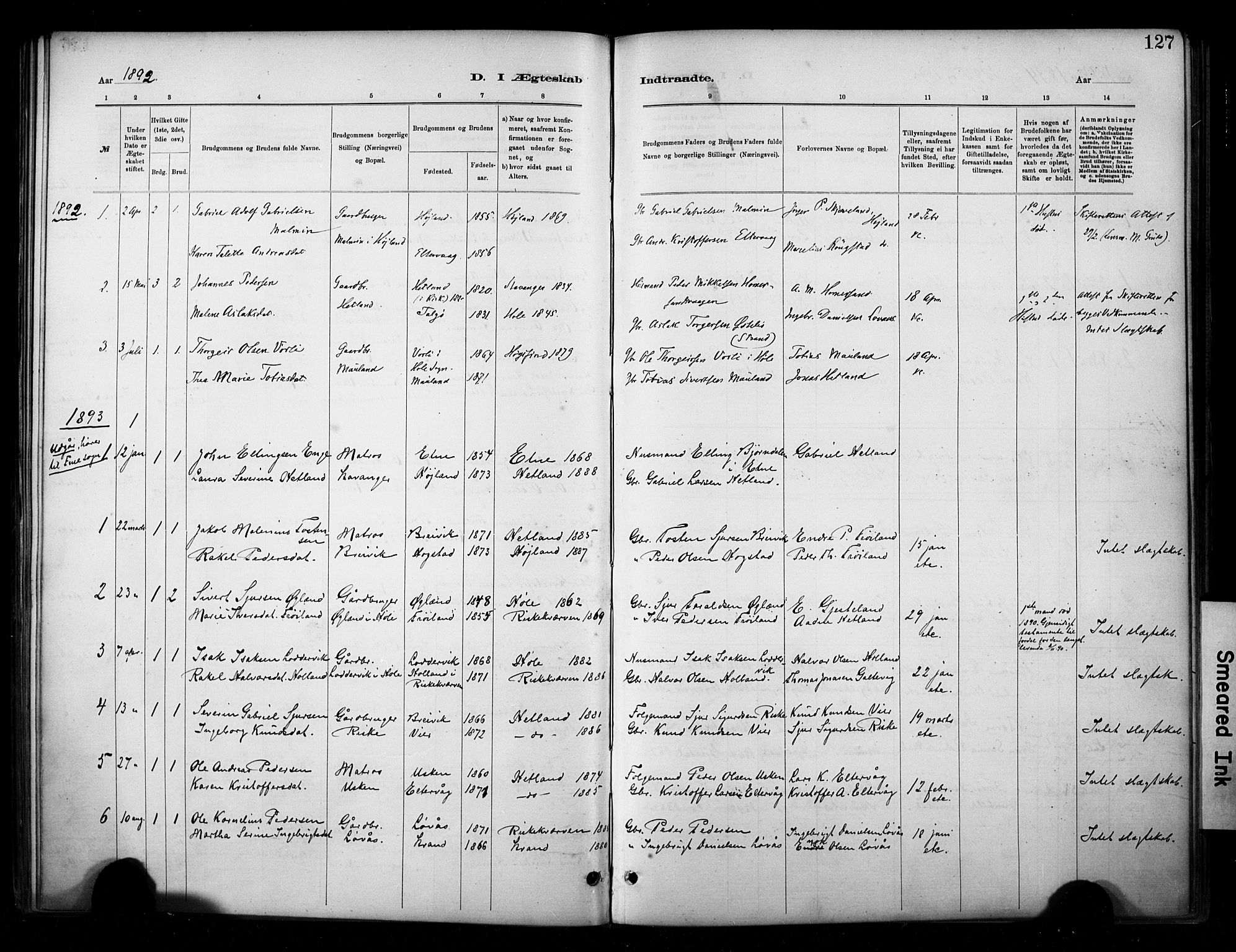 Hetland sokneprestkontor, SAST/A-101826/30/30BA/L0010: Parish register (official) no. A 10, 1882-1925, p. 127
