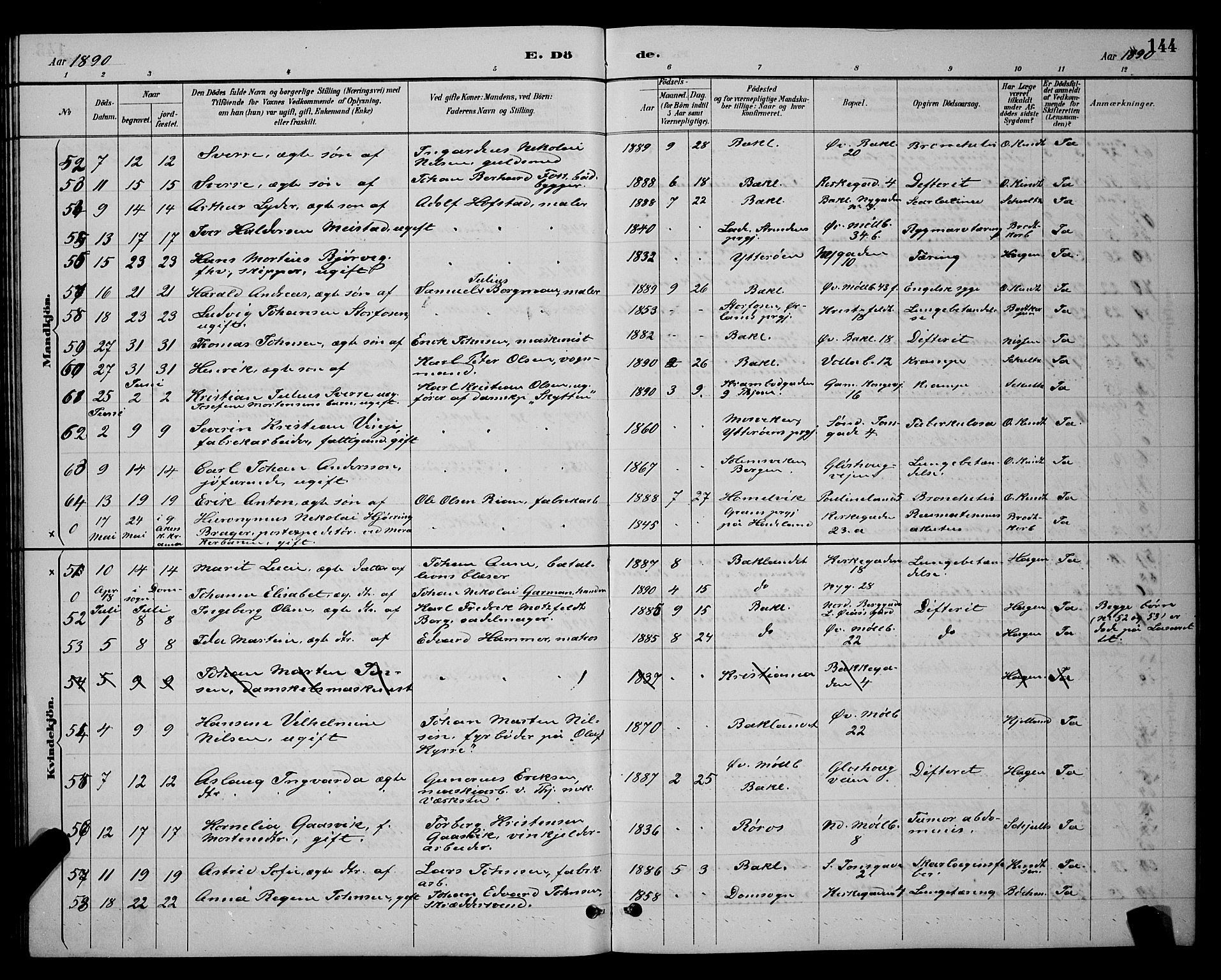 Ministerialprotokoller, klokkerbøker og fødselsregistre - Sør-Trøndelag, AV/SAT-A-1456/604/L0223: Parish register (copy) no. 604C06, 1886-1897, p. 144