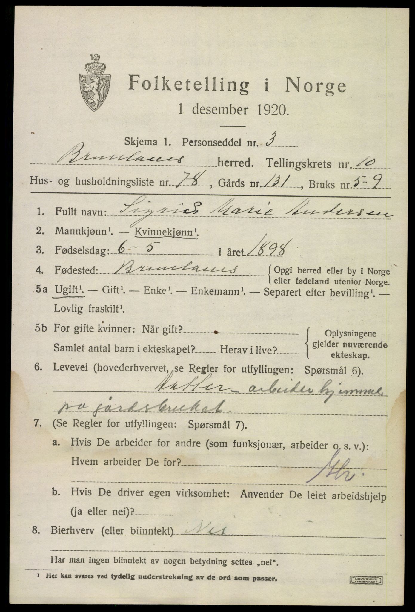 SAKO, 1920 census for Brunlanes, 1920, p. 9255