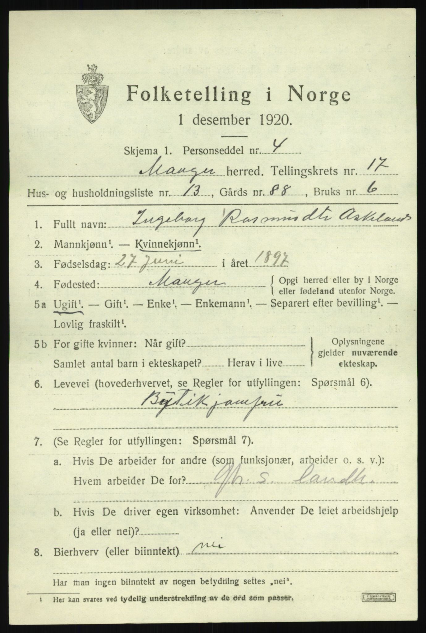 SAB, 1920 census for Manger, 1920, p. 9712