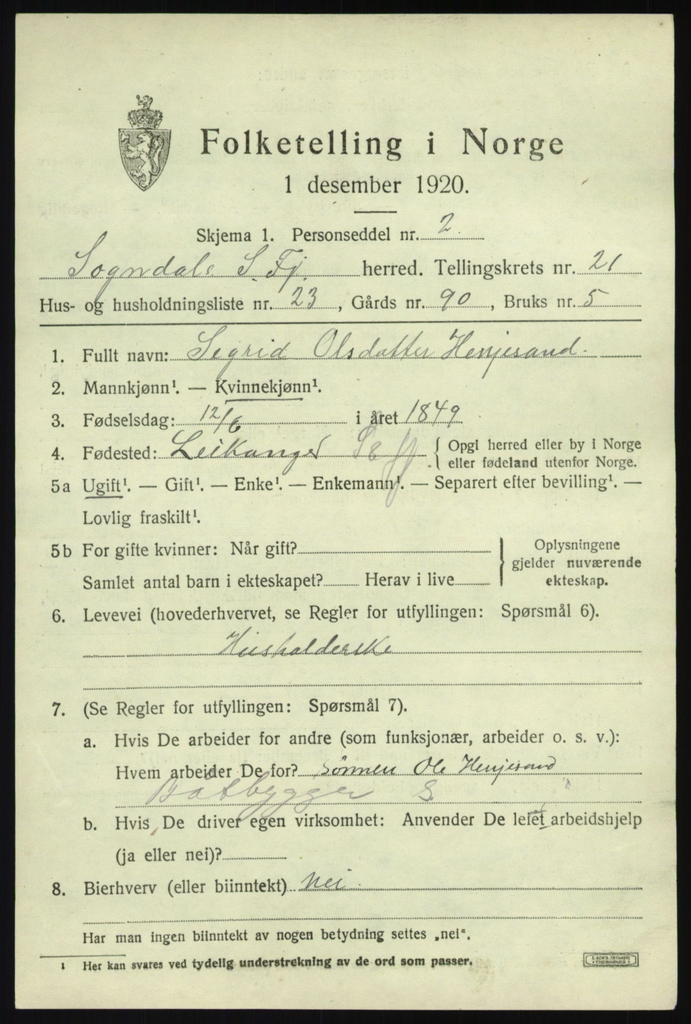 SAB, 1920 census for Sogndal, 1920, p. 7939