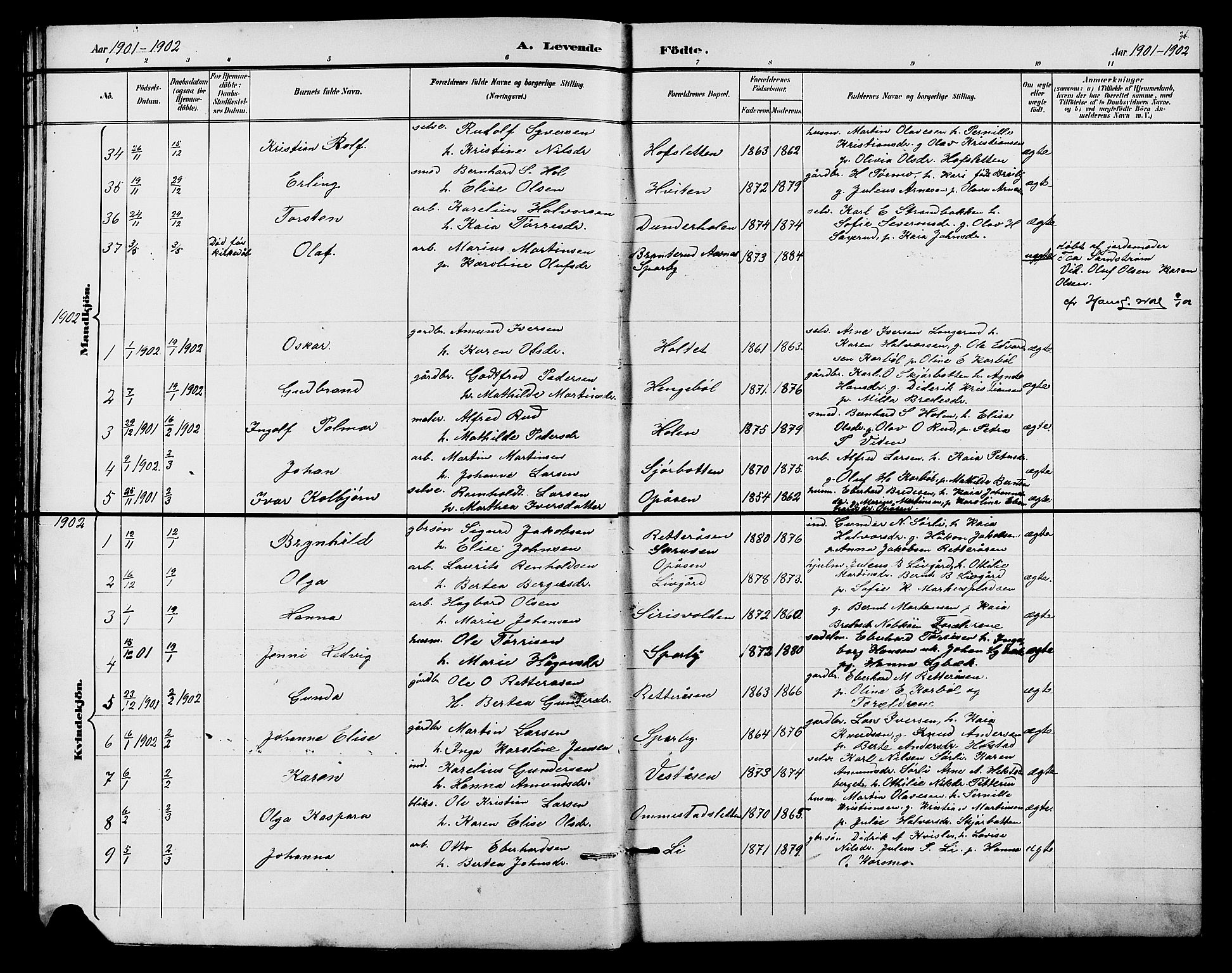 Hof prestekontor, AV/SAH-PREST-038/H/Ha/Hab/L0001: Parish register (copy) no. 1, 1895-1914, p. 34