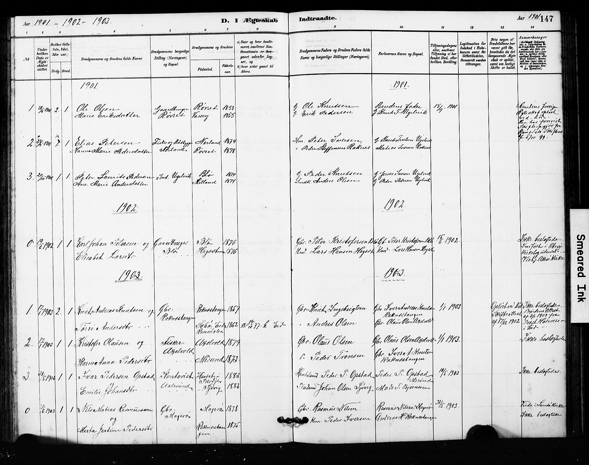 Ministerialprotokoller, klokkerbøker og fødselsregistre - Møre og Romsdal, SAT/A-1454/563/L0737: Parish register (copy) no. 563C01, 1878-1916, p. 147