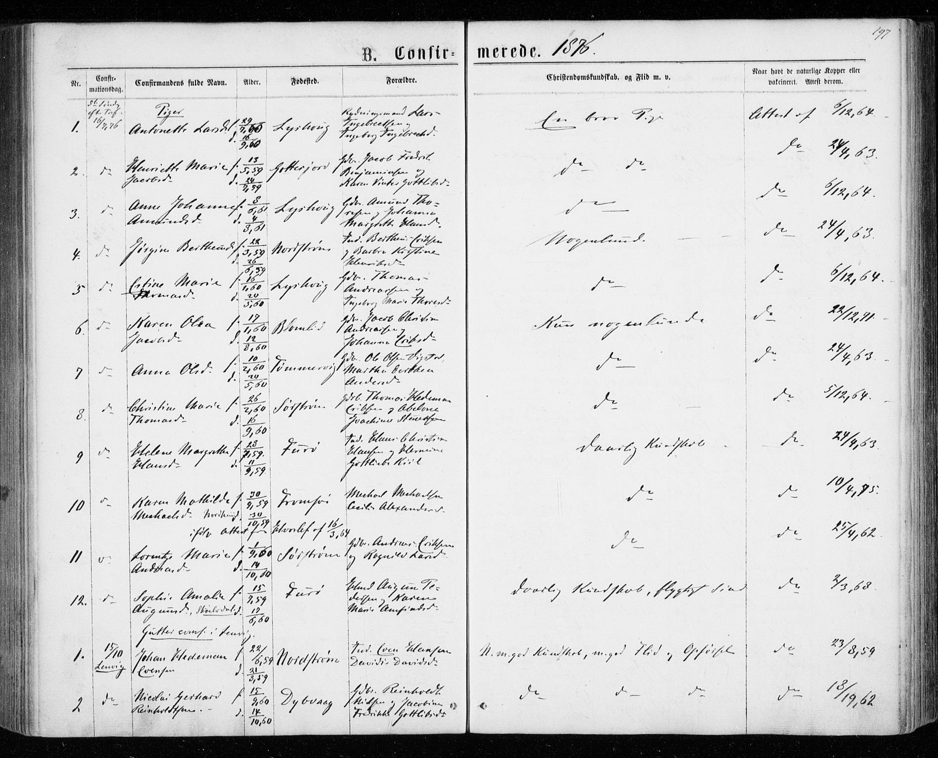 Tranøy sokneprestkontor, AV/SATØ-S-1313/I/Ia/Iaa/L0008kirke: Parish register (official) no. 8, 1867-1877, p. 197