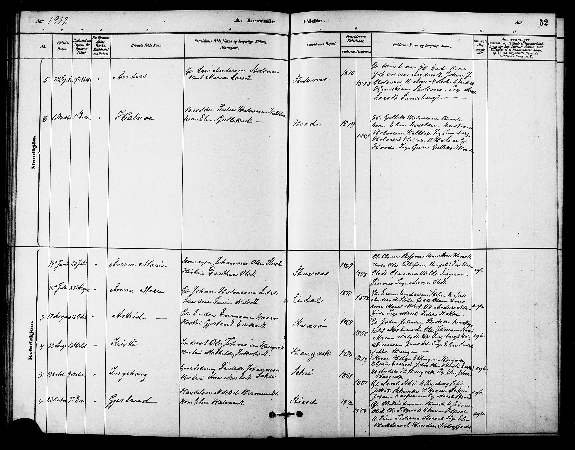 Ministerialprotokoller, klokkerbøker og fødselsregistre - Sør-Trøndelag, SAT/A-1456/631/L0514: Parish register (copy) no. 631C02, 1879-1912, p. 52