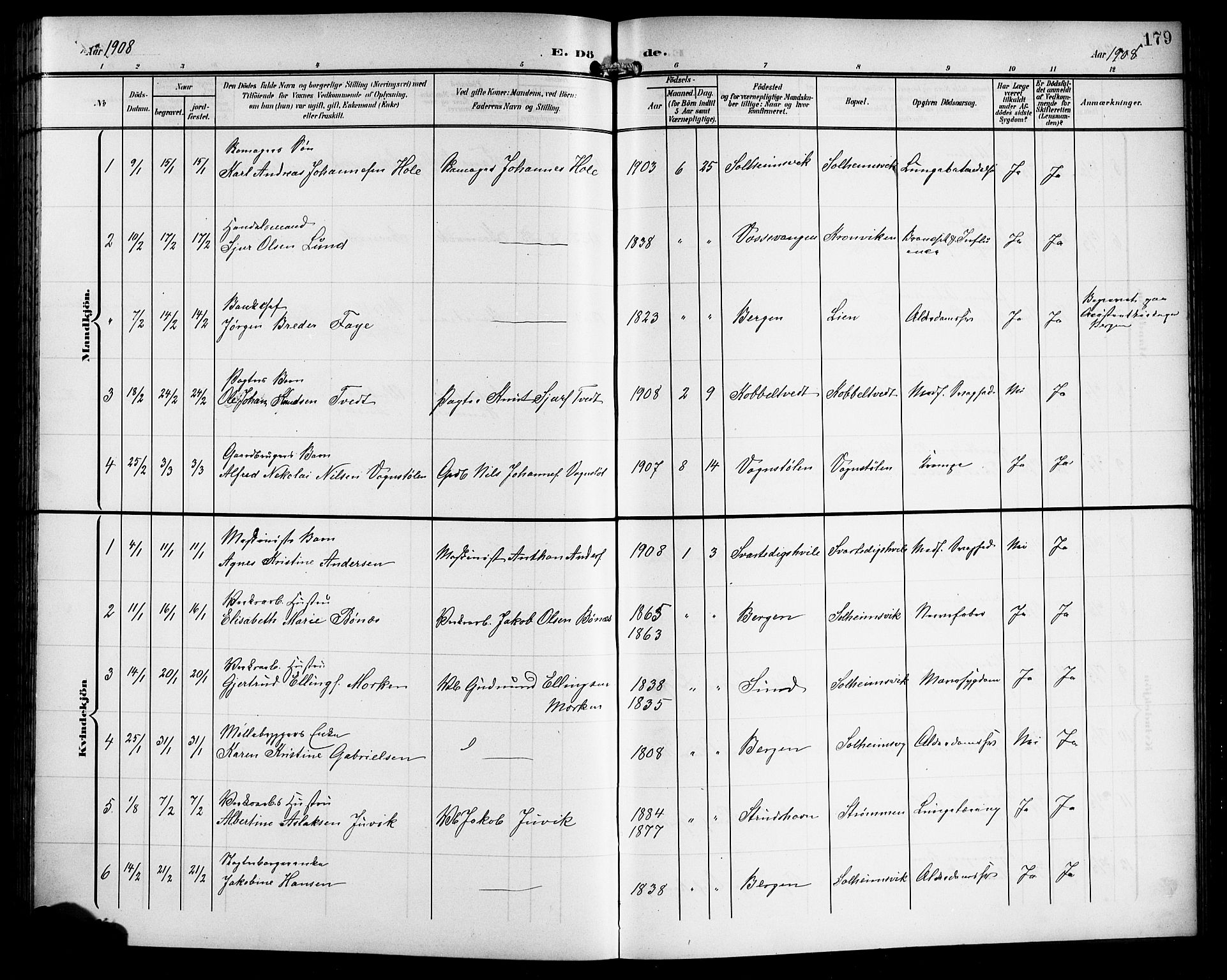 Årstad Sokneprestembete, SAB/A-79301/H/Hab/L0018: Parish register (copy) no. C 1, 1902-1919, p. 179