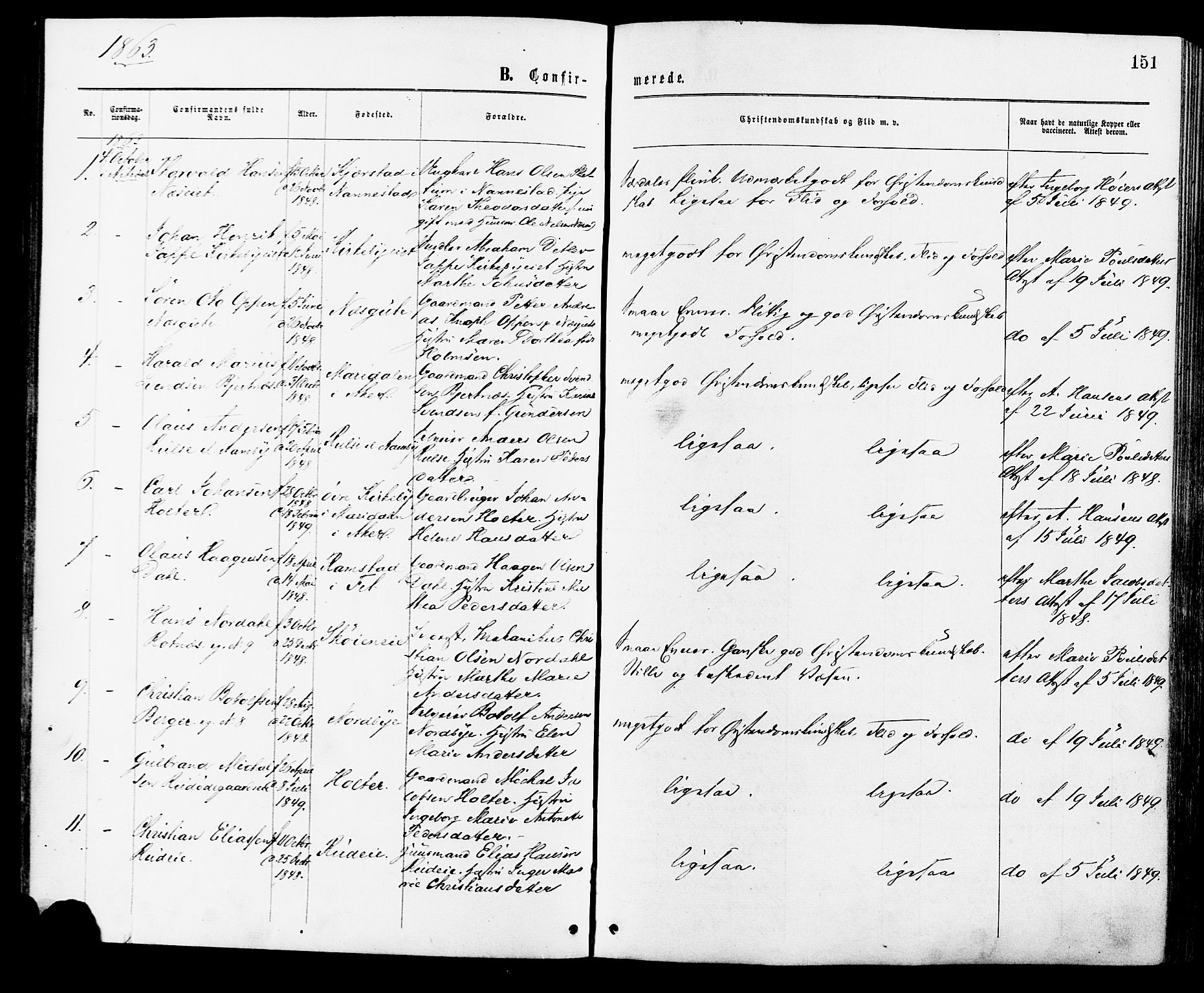 Nittedal prestekontor Kirkebøker, AV/SAO-A-10365a/F/Fa/L0006: Parish register (official) no. I 6, 1863-1878, p. 151