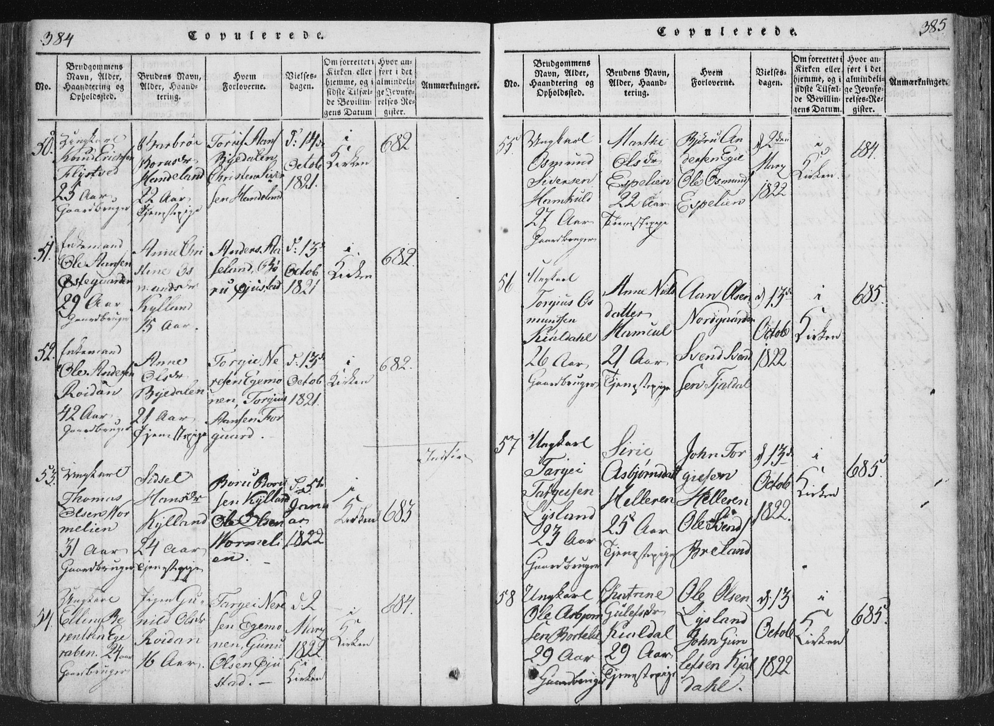 Åseral sokneprestkontor, SAK/1111-0051/F/Fa/L0001: Parish register (official) no. A 1, 1815-1853, p. 384-385