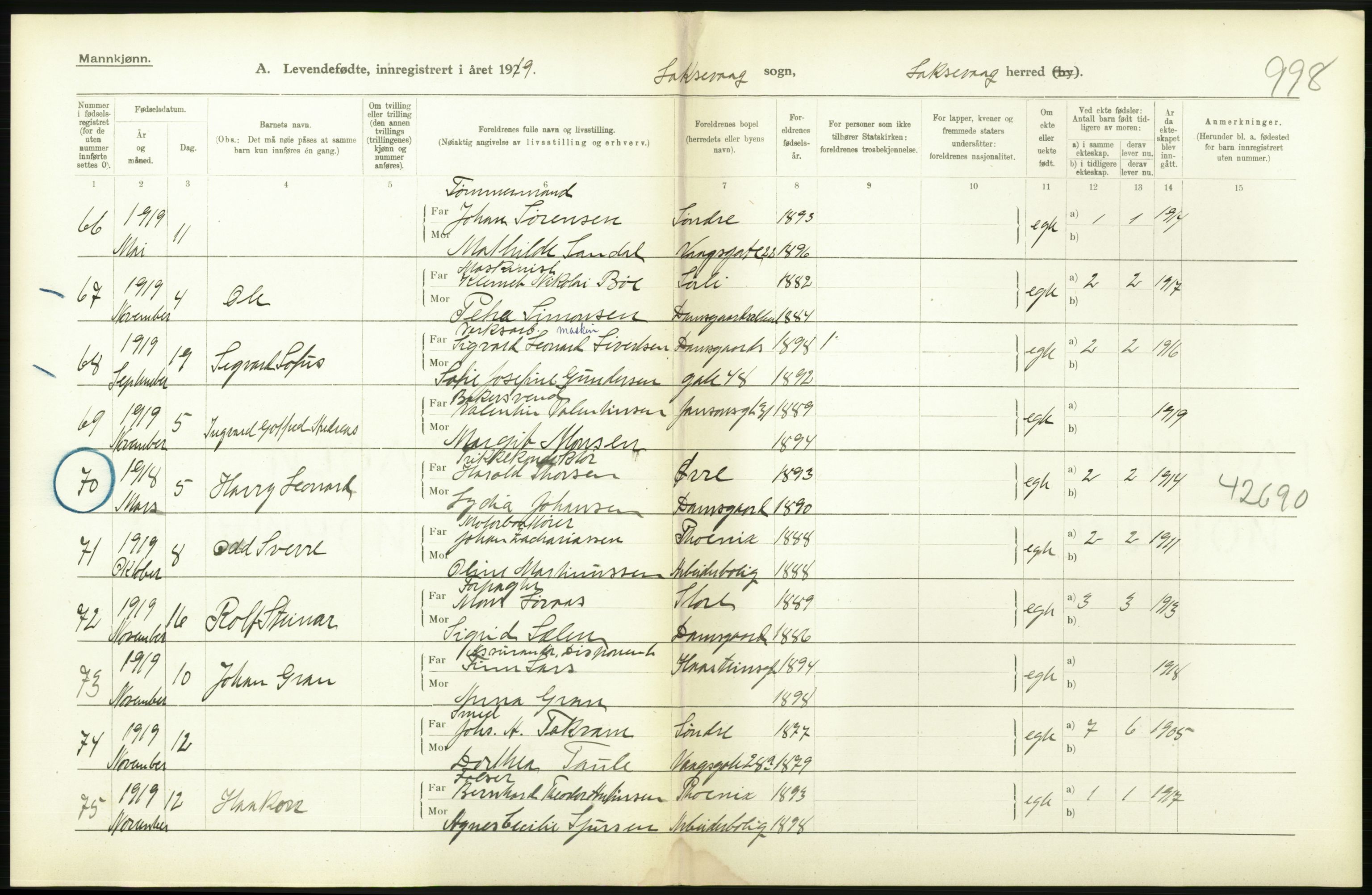 Statistisk sentralbyrå, Sosiodemografiske emner, Befolkning, AV/RA-S-2228/D/Df/Dfb/Dfbi/L0031: Hordaland fylke: Levendefødte menn og kvinner. Bygder., 1919, p. 262