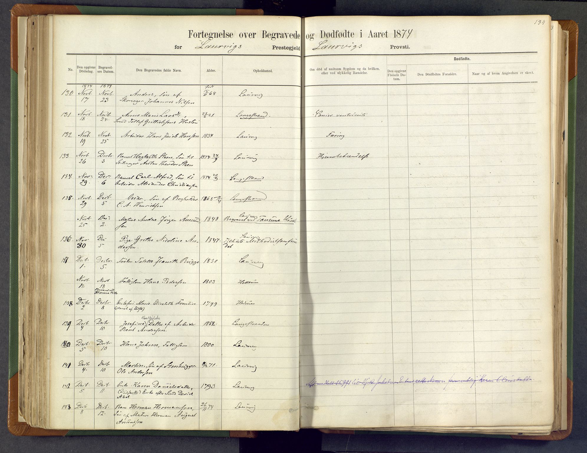 Larvik kirkebøker, AV/SAKO-A-352/F/Fa/L0007: Parish register (official) no. I 7, 1871-1883, p. 134