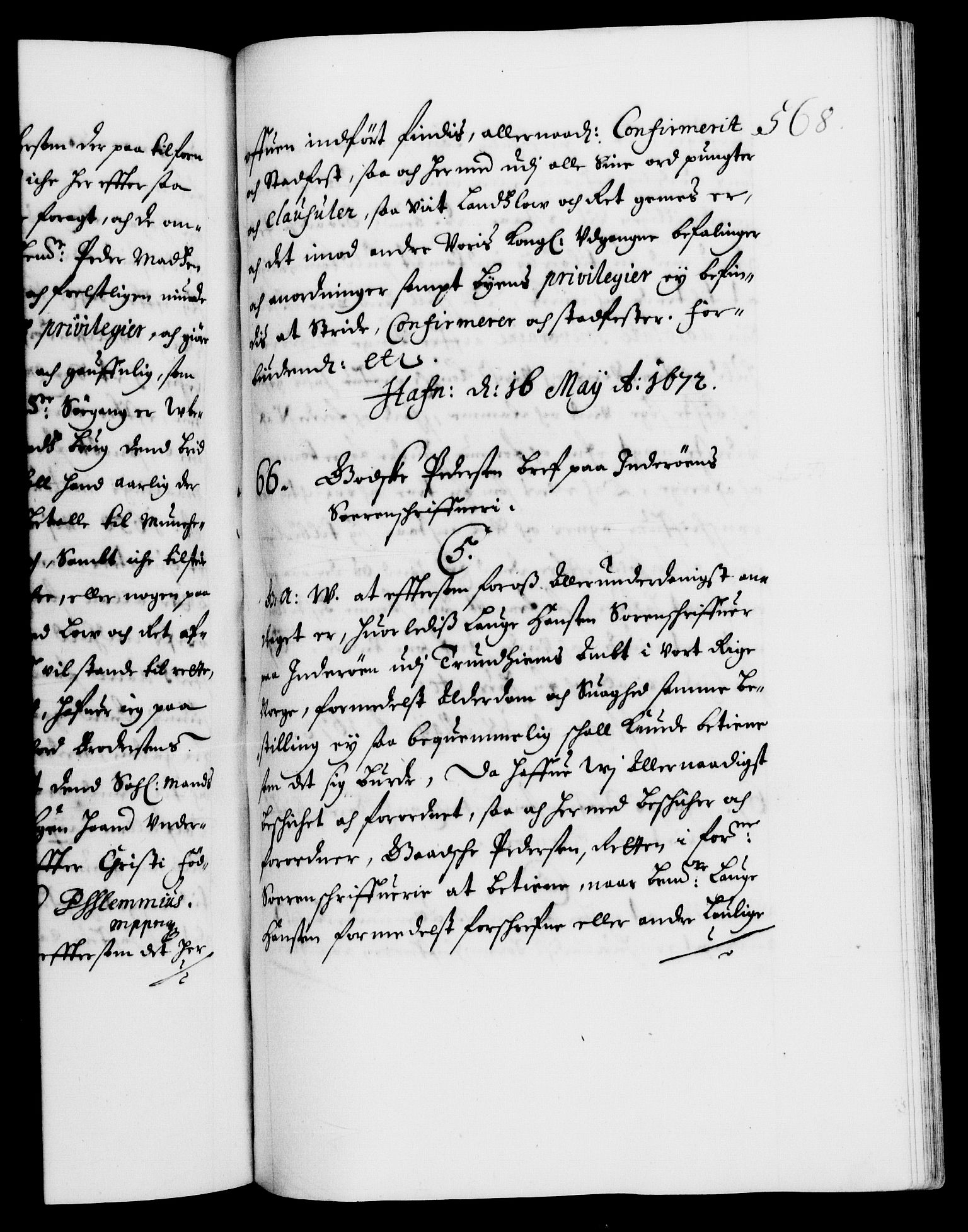 Danske Kanselli 1572-1799, AV/RA-EA-3023/F/Fc/Fca/Fcaa/L0011: Norske registre (mikrofilm), 1670-1673, p. 568a