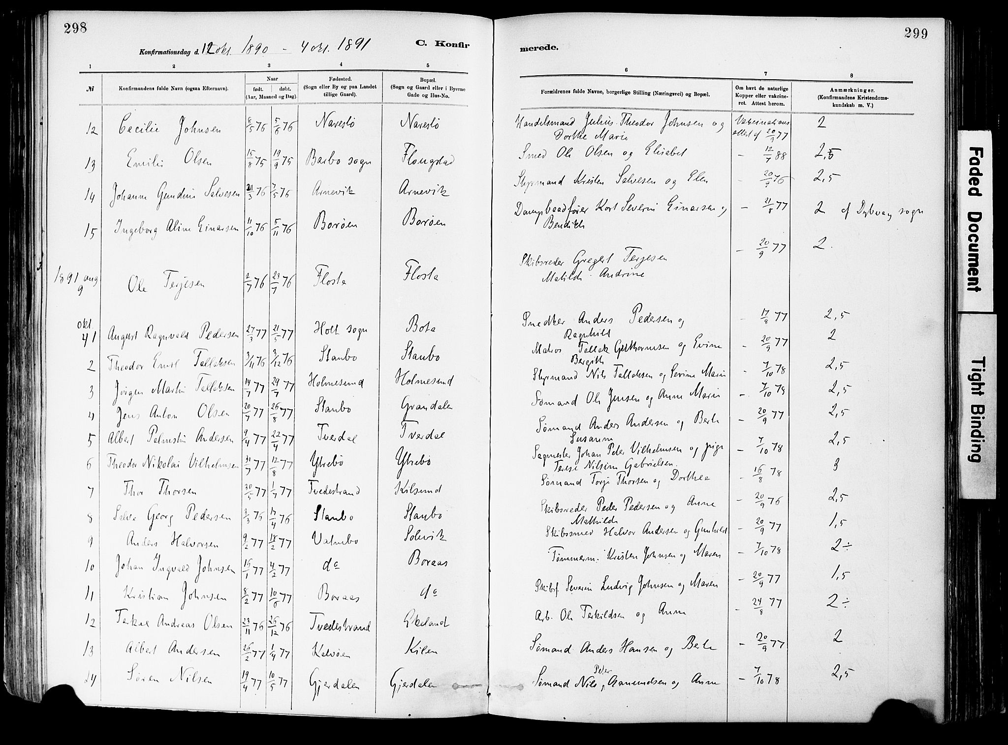 Dypvåg sokneprestkontor, SAK/1111-0007/F/Fa/Fab/L0001: Parish register (official) no. A 1, 1885-1912, p. 298-299
