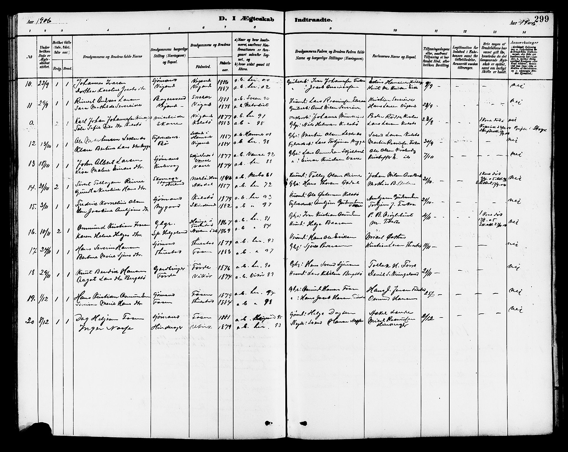 Avaldsnes sokneprestkontor, AV/SAST-A -101851/H/Ha/Hab/L0007: Parish register (copy) no. B 7, 1885-1909, p. 299