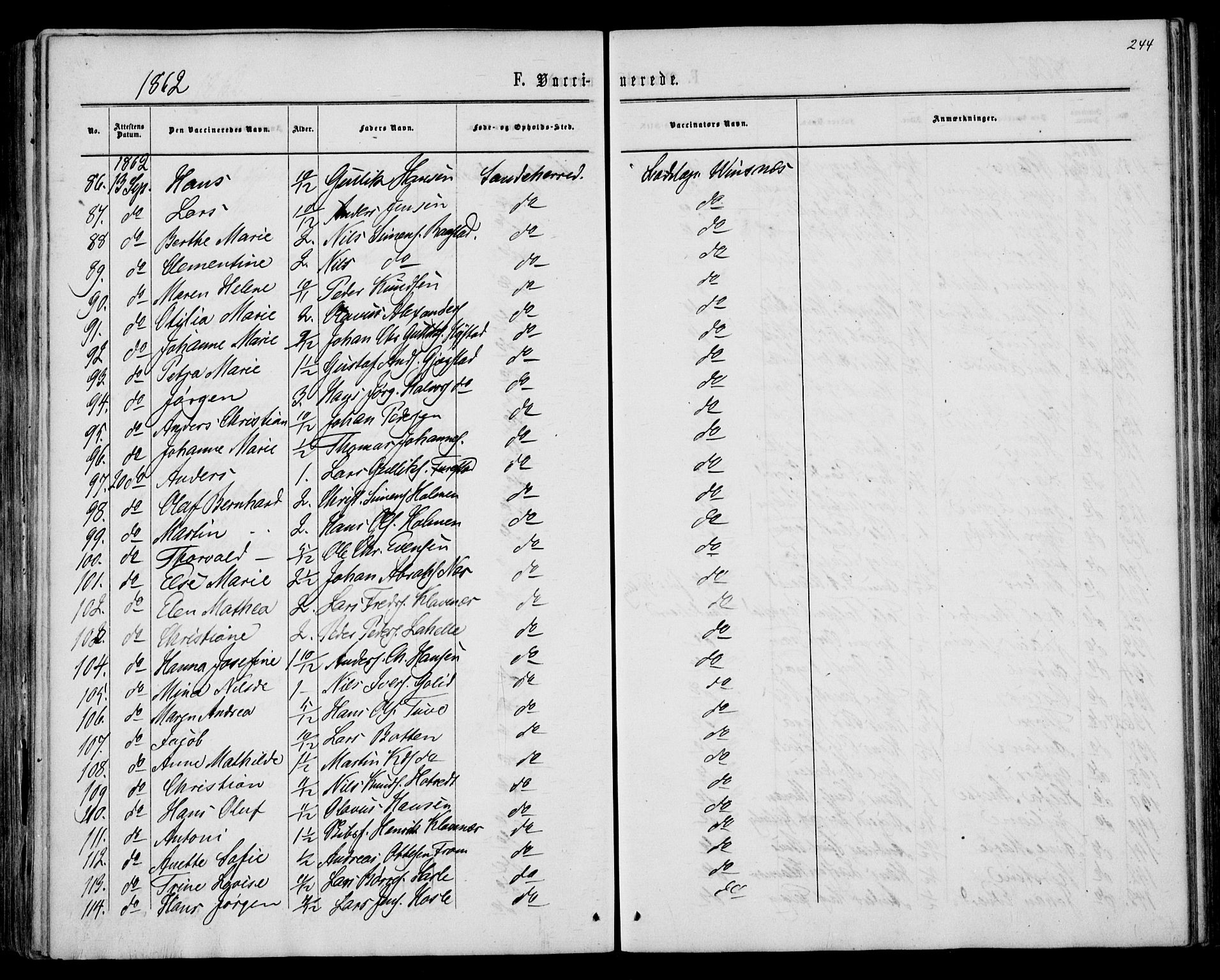 Sandar kirkebøker, AV/SAKO-A-243/F/Fa/L0009: Parish register (official) no. 9, 1862-1871, p. 244