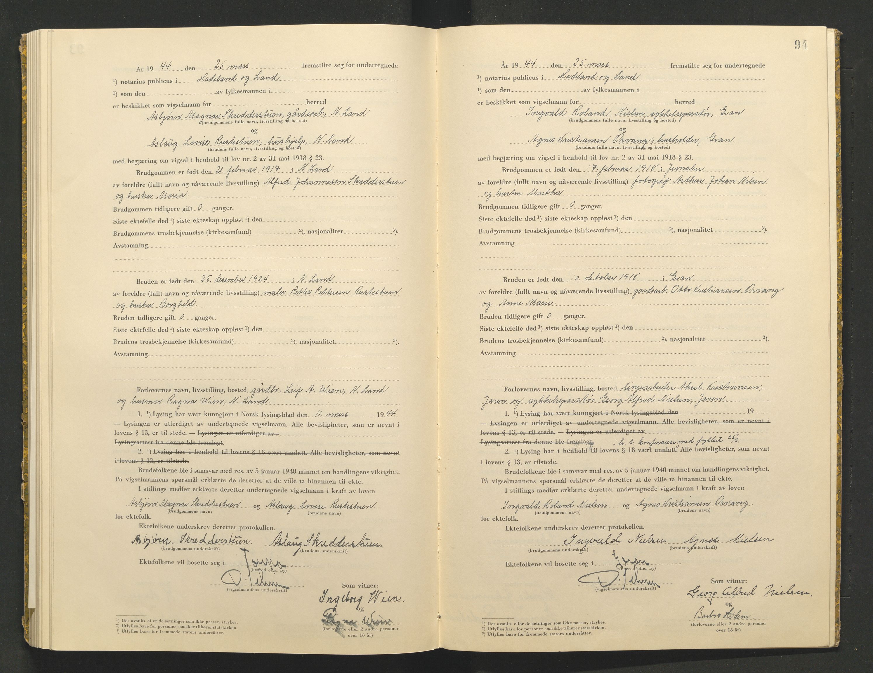 Hadeland og Land tingrett, AV/SAH-TING-010/L/Lb/L0002: Vigselbok, 1943-1944, p. 94